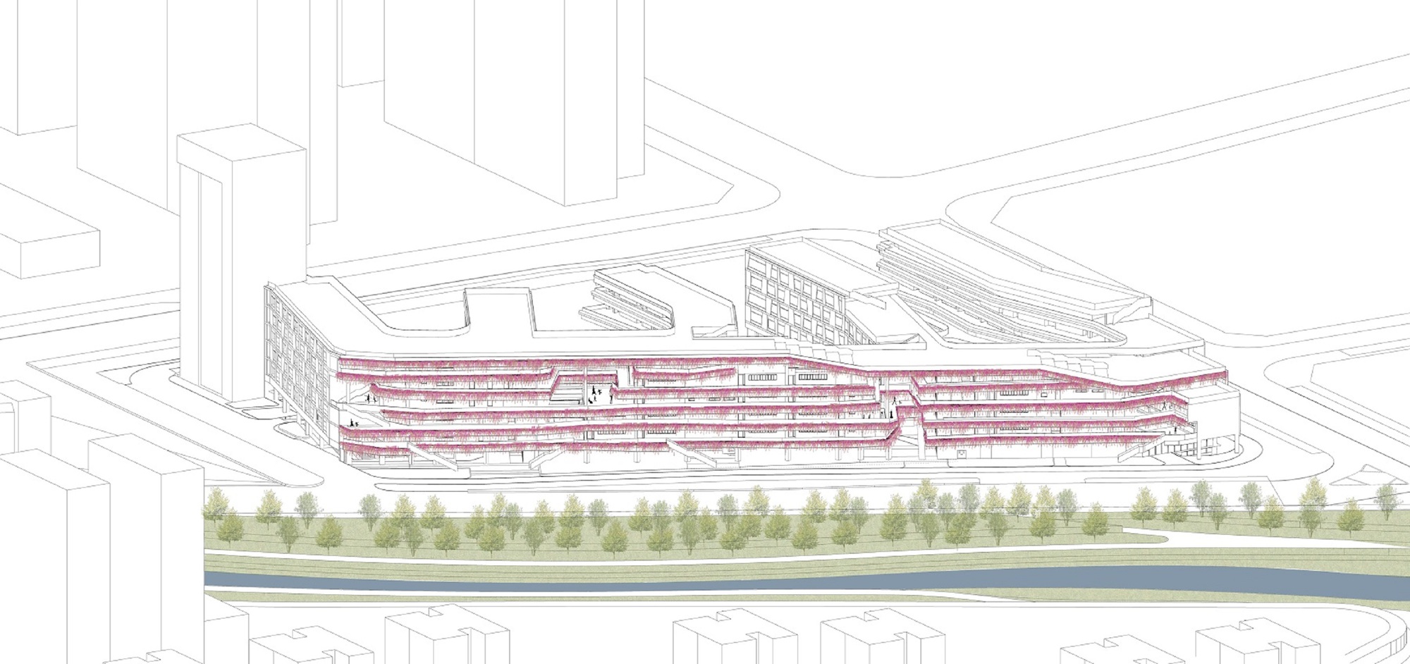Section drawing showing the terraced volumes beside a waterway lined with trees