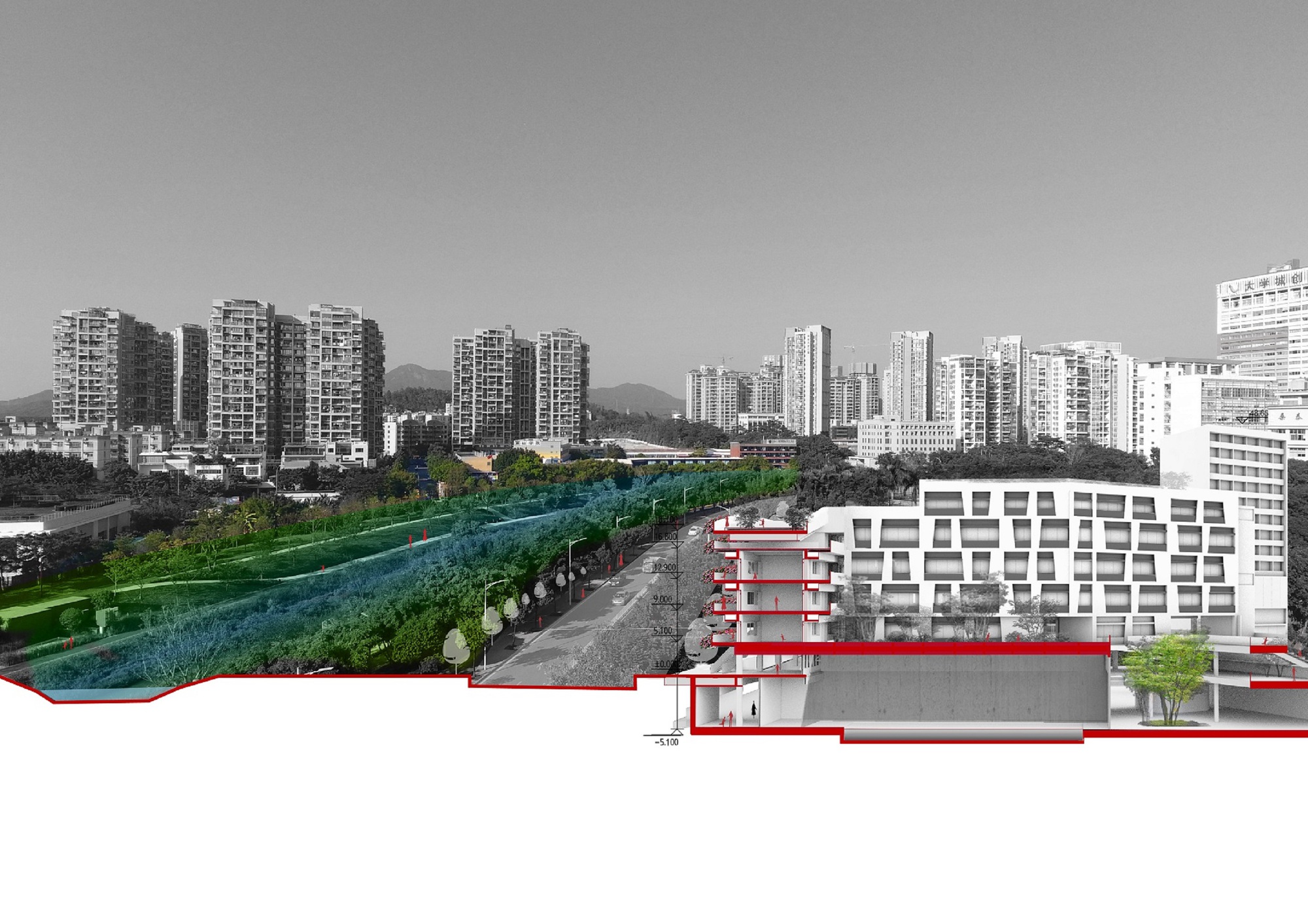Section collage combining photograph of high-rise towers with rendered volumes in red beside a green slope