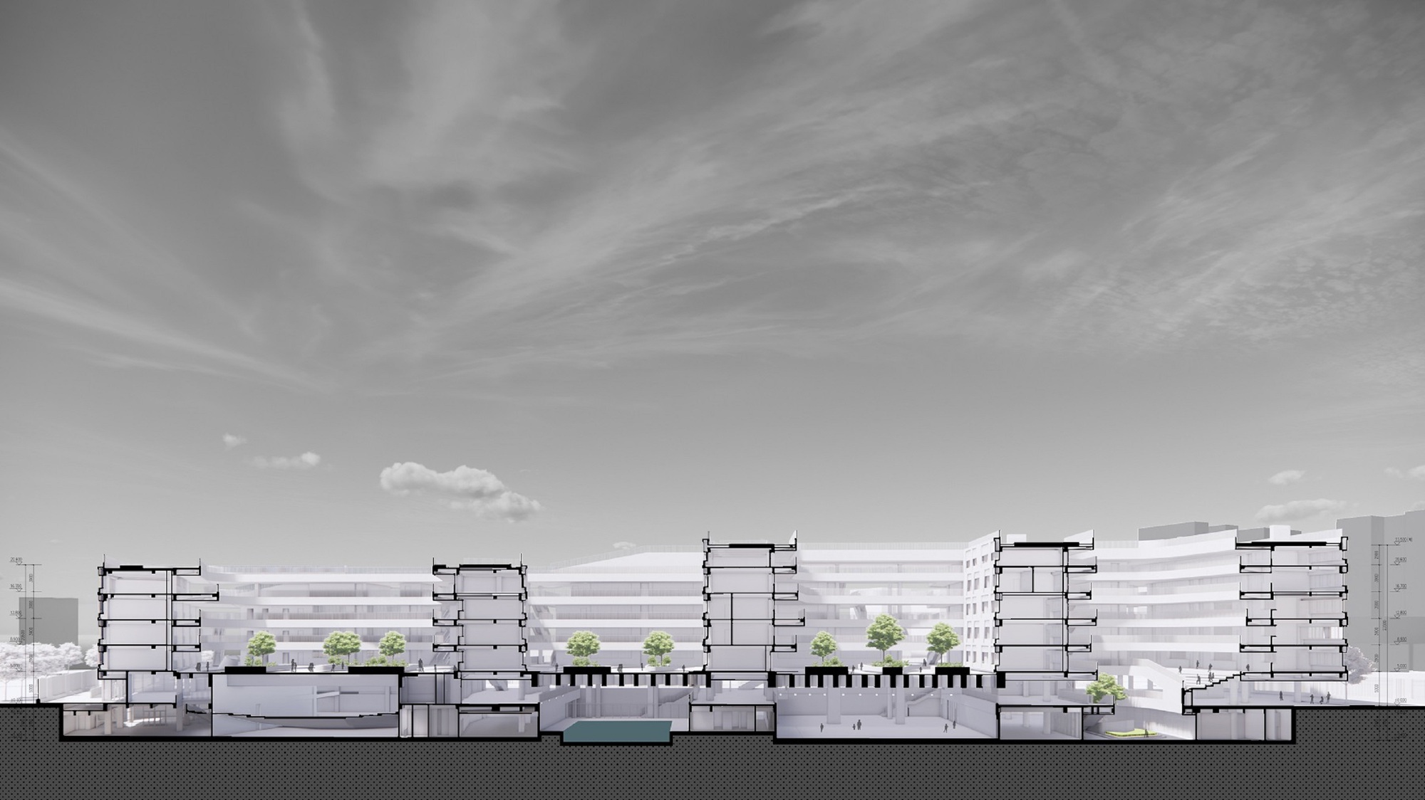 Section drawing illustrating the horizontal bands of a multi-level structure with rooftop greenery under clouded skies