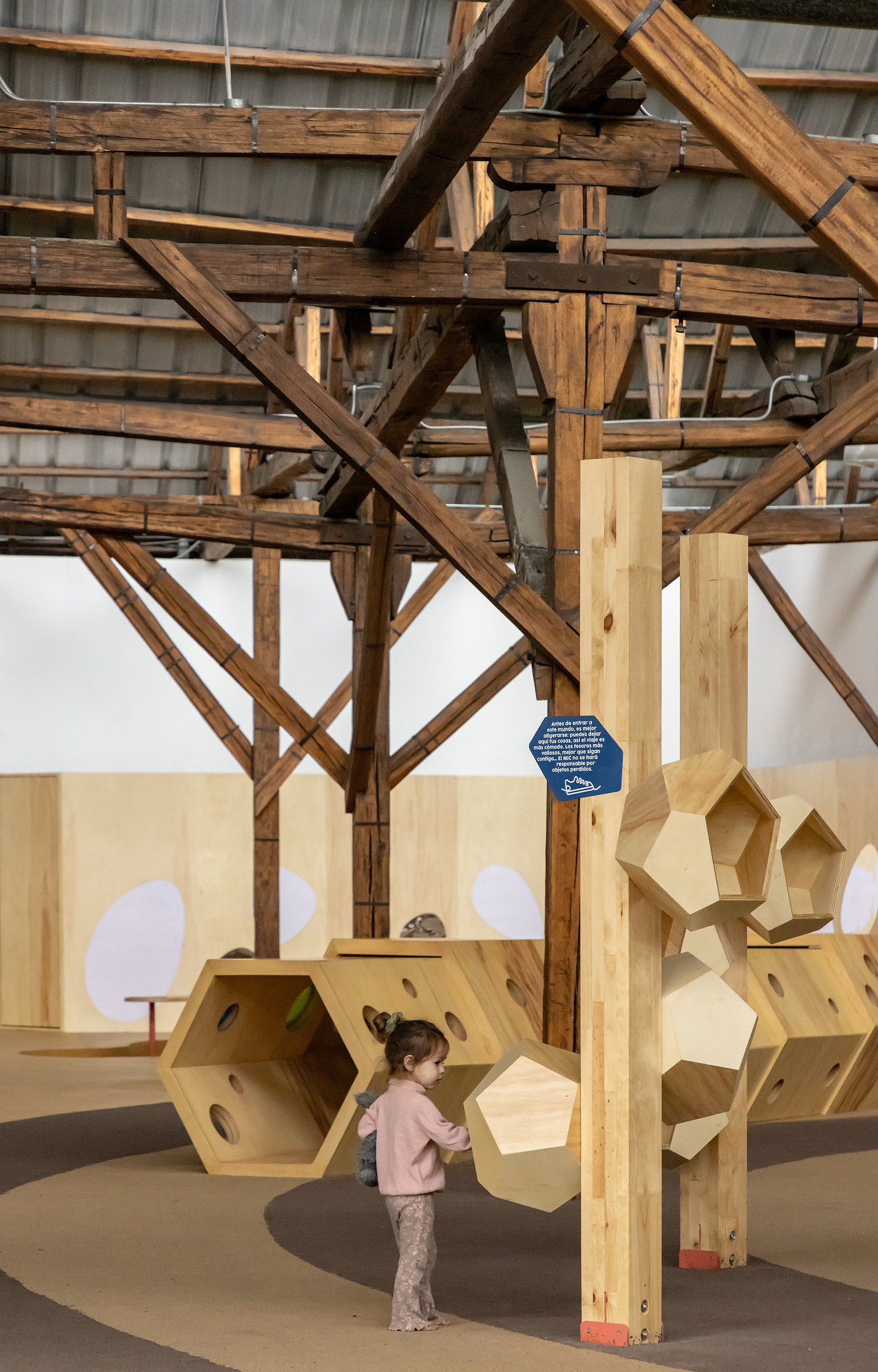 Timber post beneath diagonal bracing with a child exploring hexagonal plywood play modules
