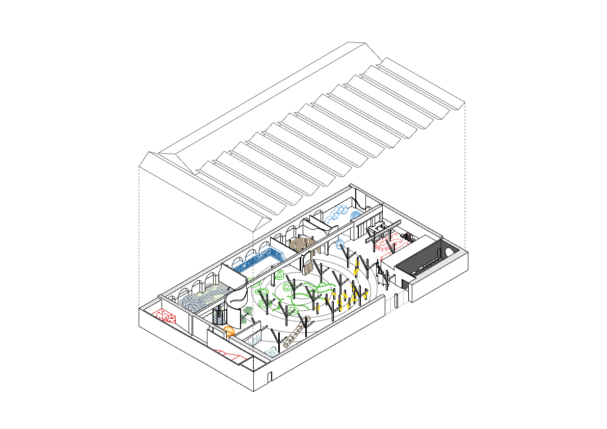 Isometric drawing showing a single-story interior with planted courtyard, skylights and diverse programmatic zones