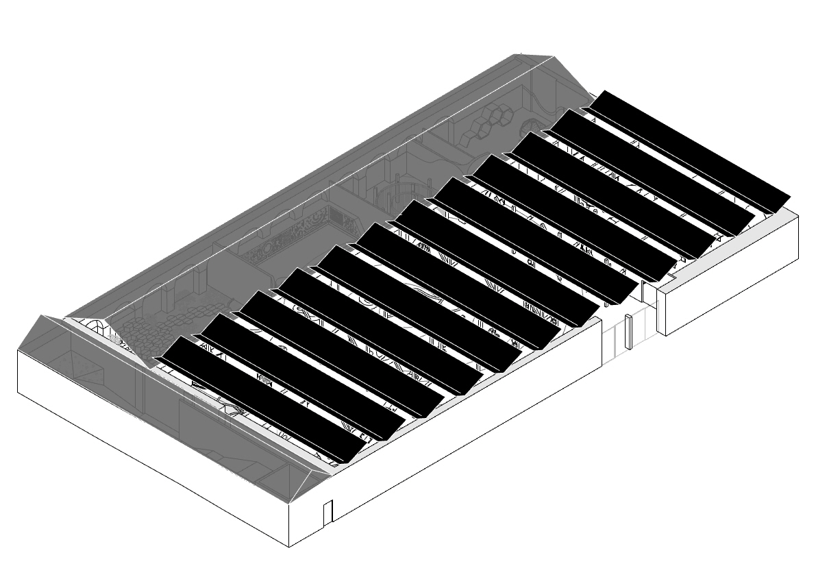 Axonometric drawing illustrating the sawtooth roof structure and parallel interior bays in grayscale rendering