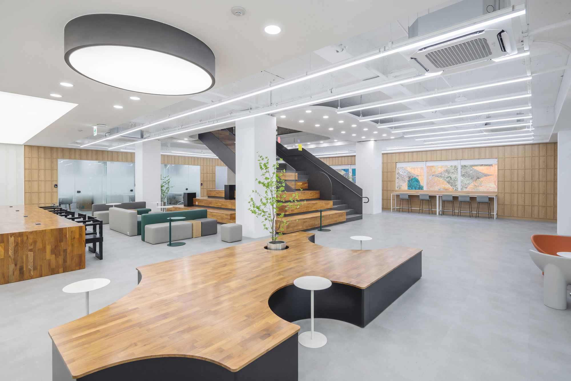 Open office interior with timber benches, black steel staircase and white columns under linear ceiling lights