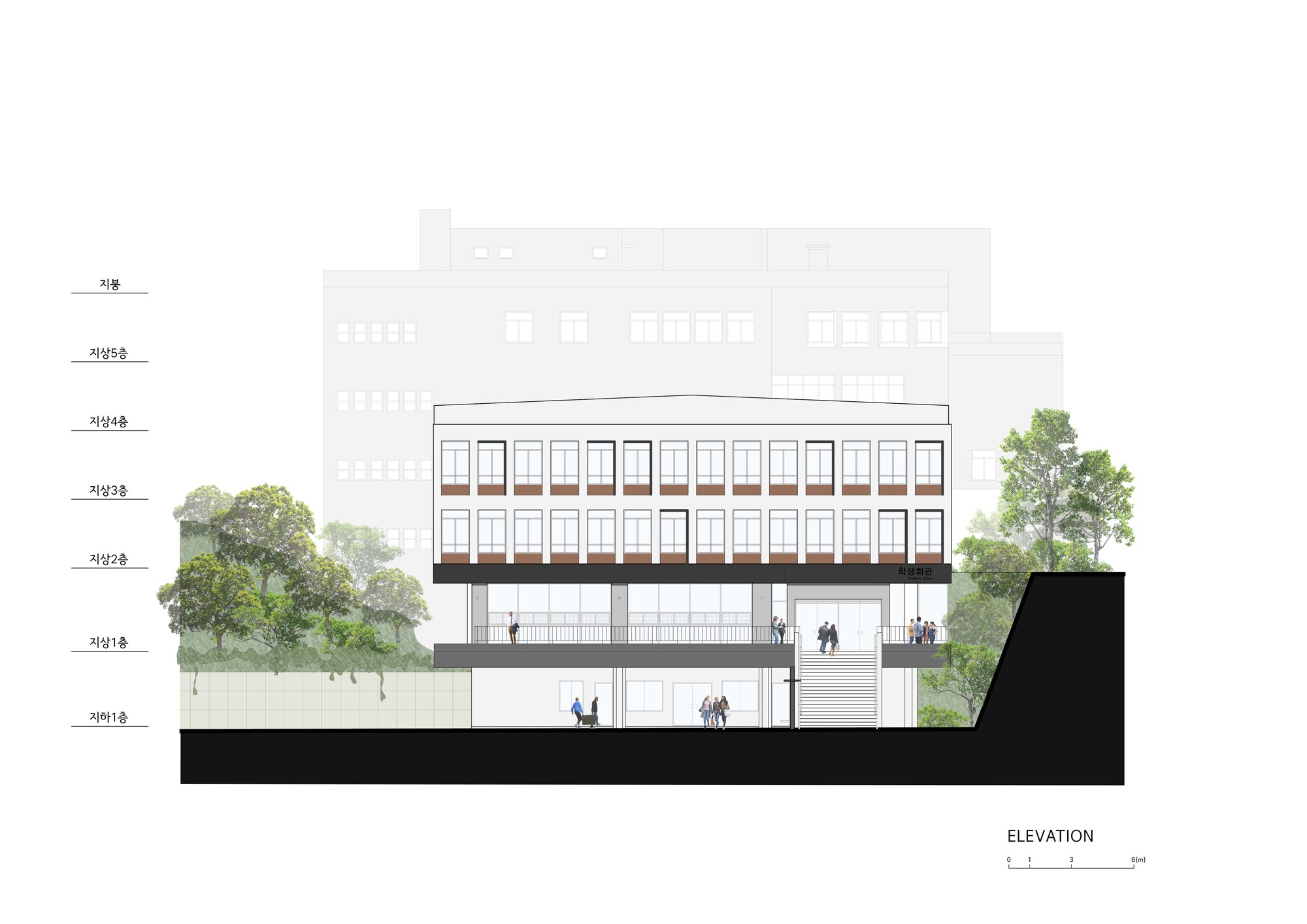 Elevation drawing showing stacked floors with fenestration, figures, trees and adjacent structures