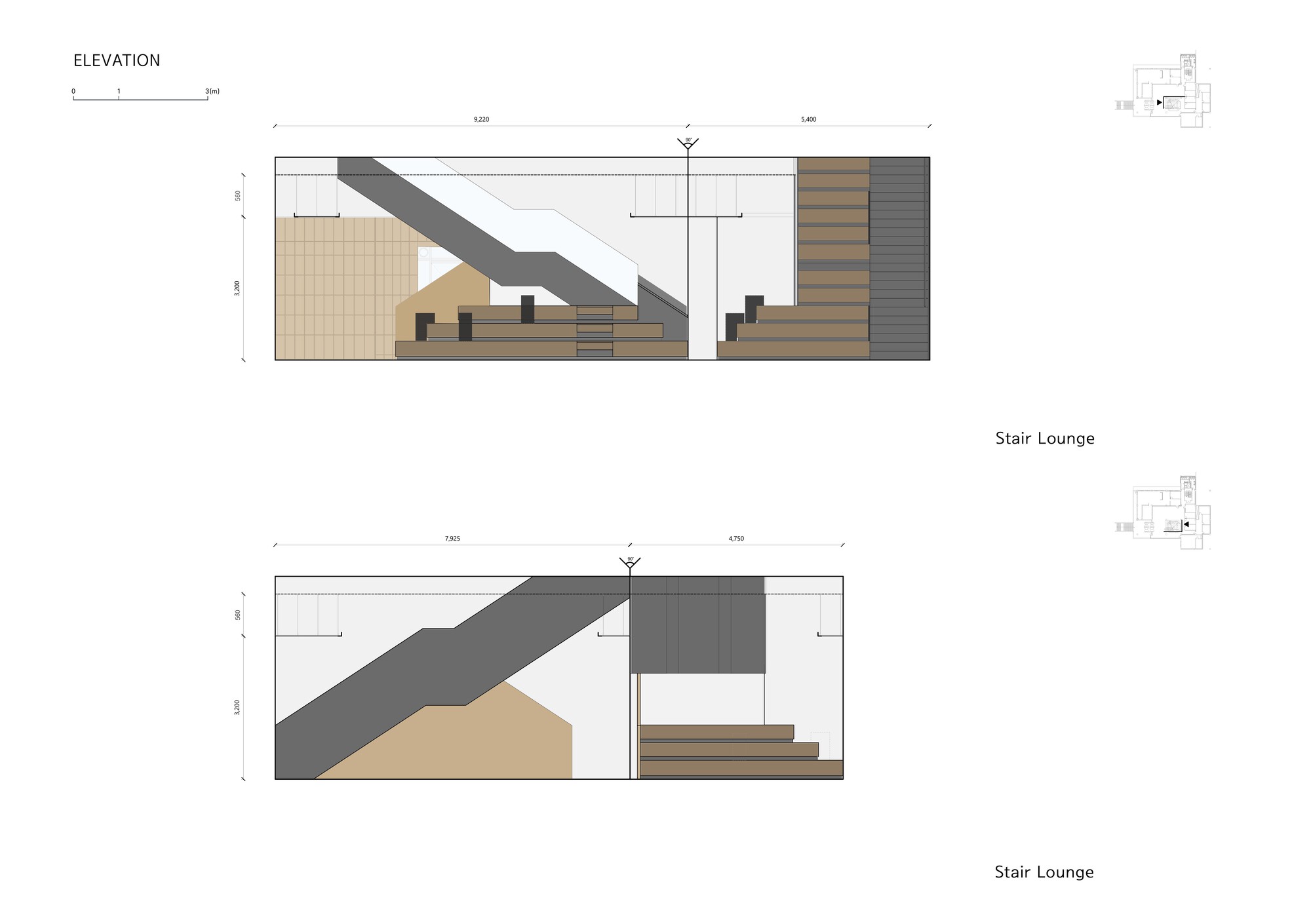 Section elevation drawings of the stair lounge showing diagonal circulation and seating platforms