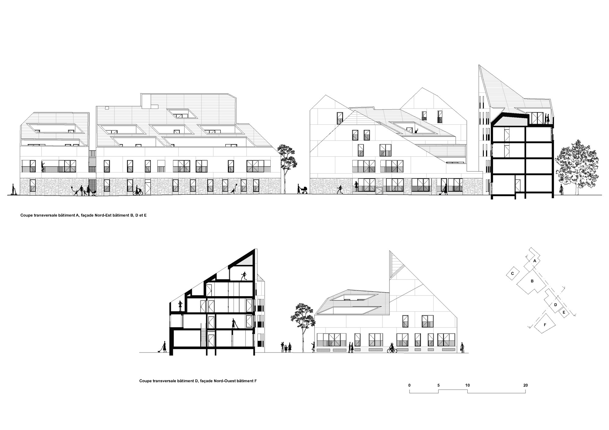 Elevation and section drawings illustrating varied building heights with pitched roofs and figures for scale