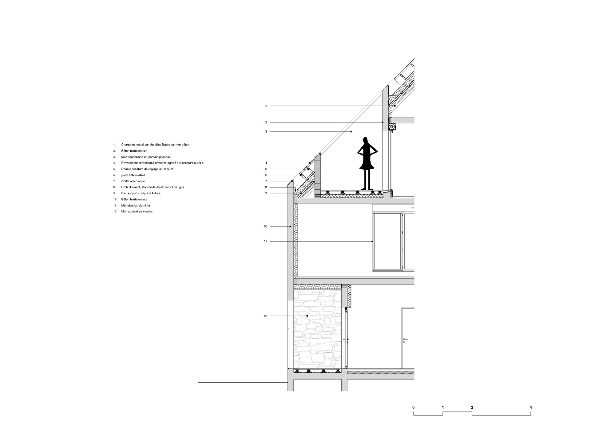 Detail section drawing through roof and upper floor showing insulation layers and structural assembly