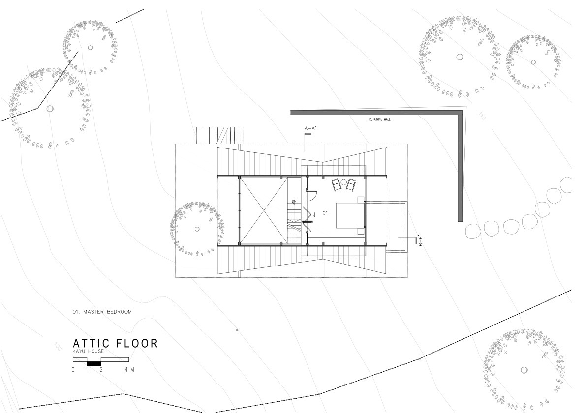 Attic floor plan drawing showing the upper level bedroom within the sloped roof geometry