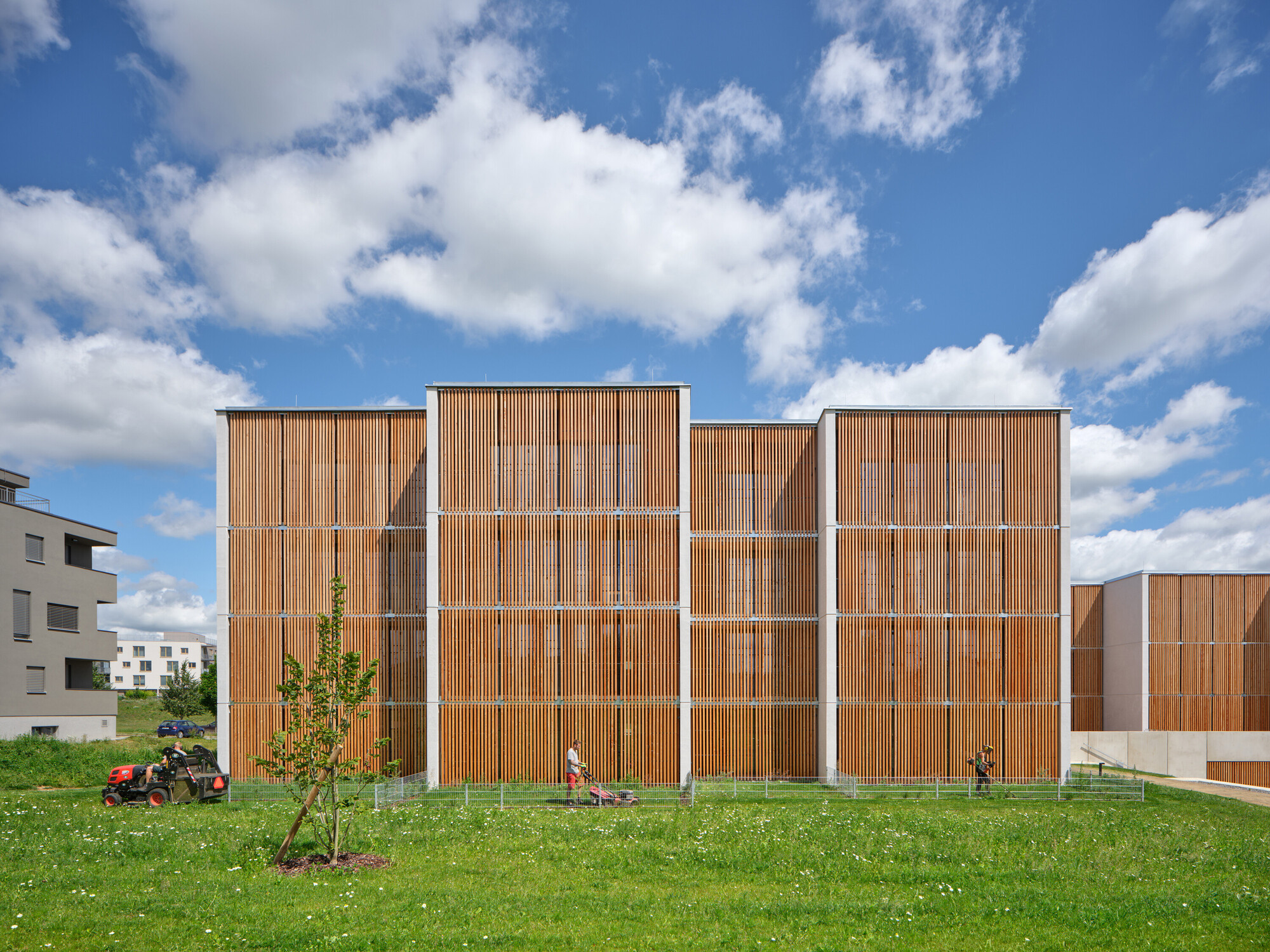 Vertical timber slatted facade with white horizontal frames viewed across a grass lawn with children playing