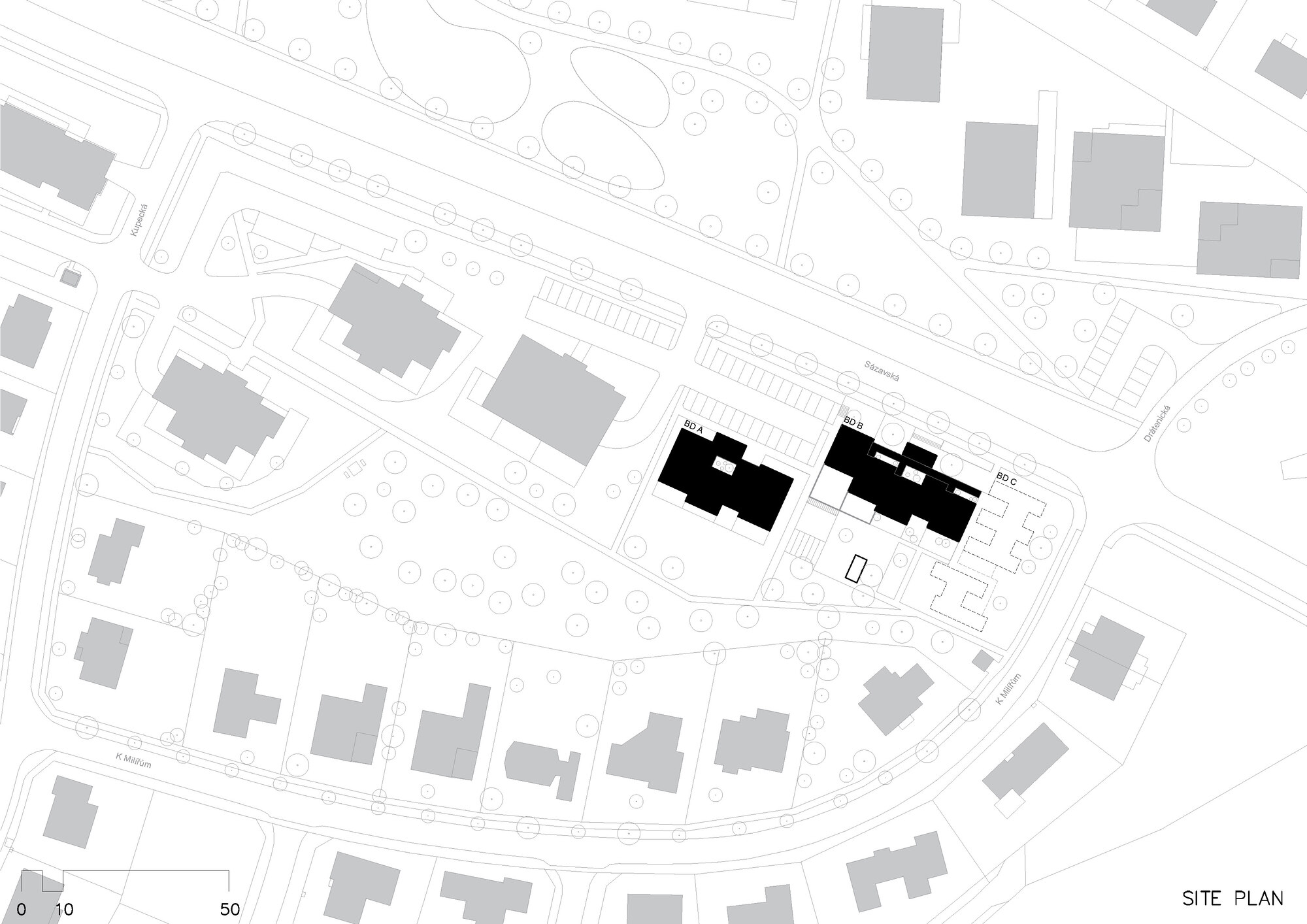 Site plan drawing showing two residential blocks positioned within a curved suburban street layout