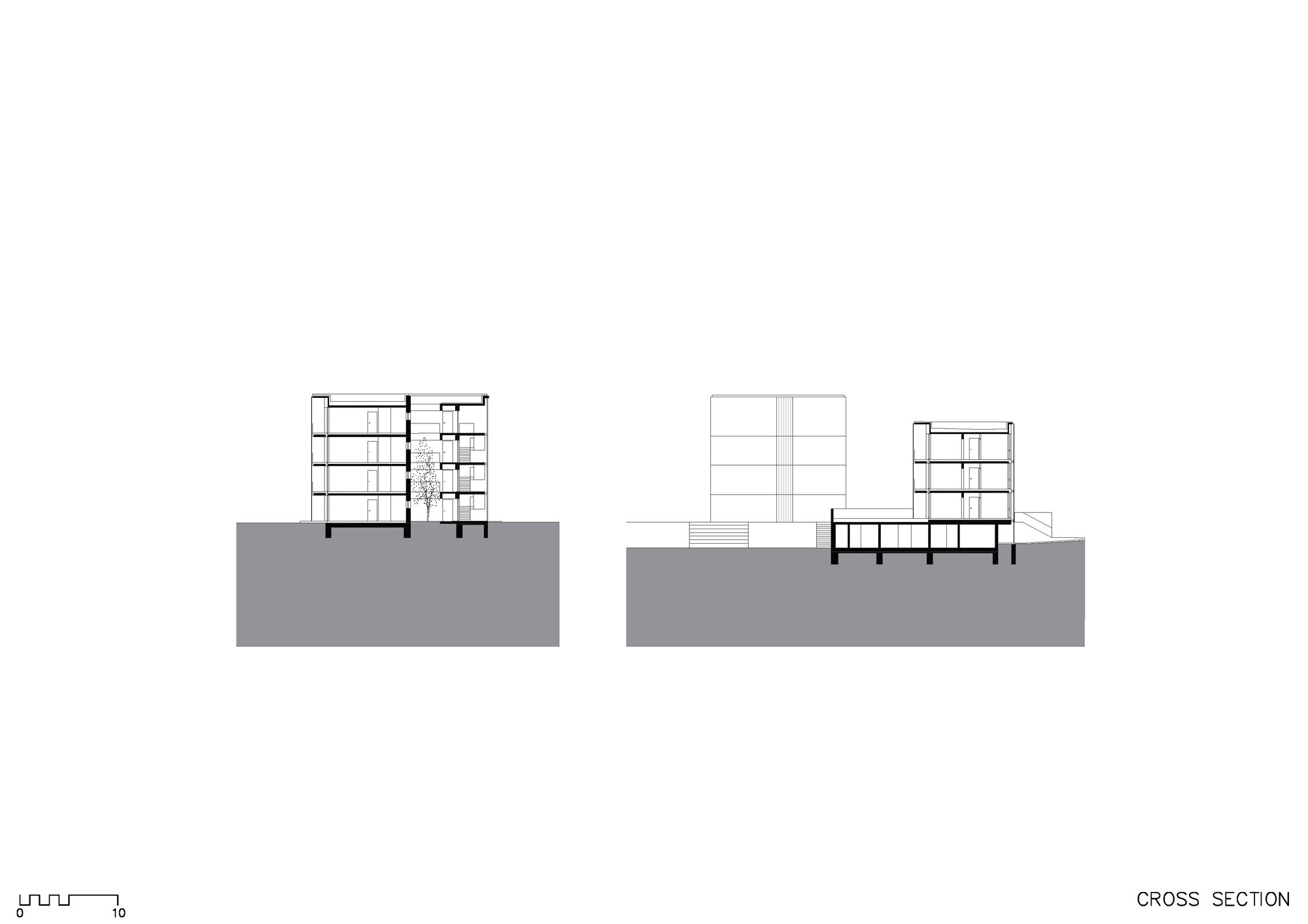 Cross section drawing showing multi-story residential blocks with varying heights on sloped terrain