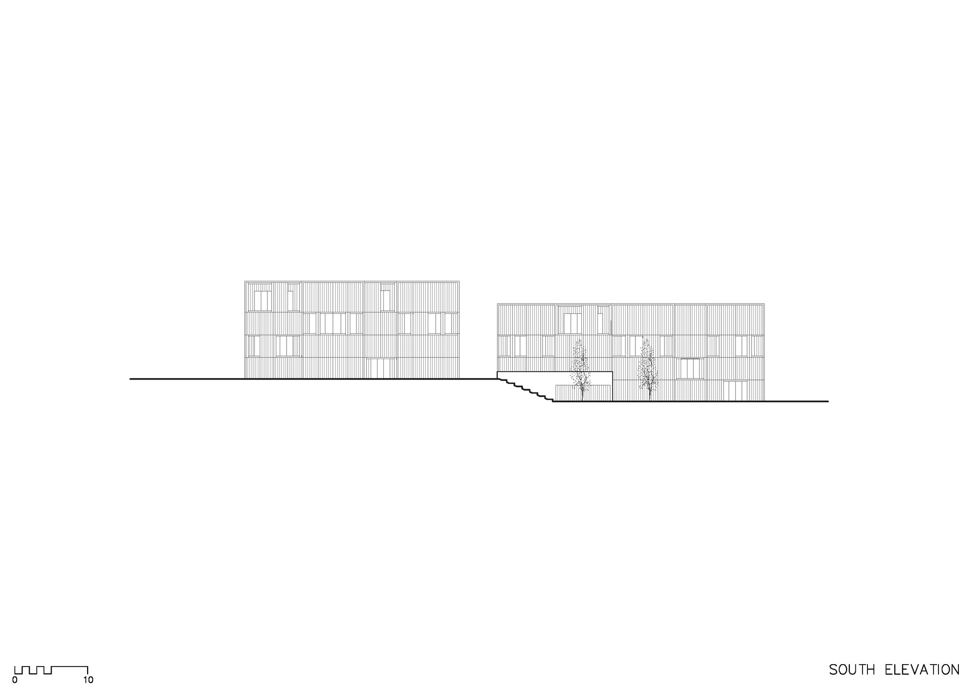 South elevation drawing showing two residential blocks with gridded facades and planted entry courtyard