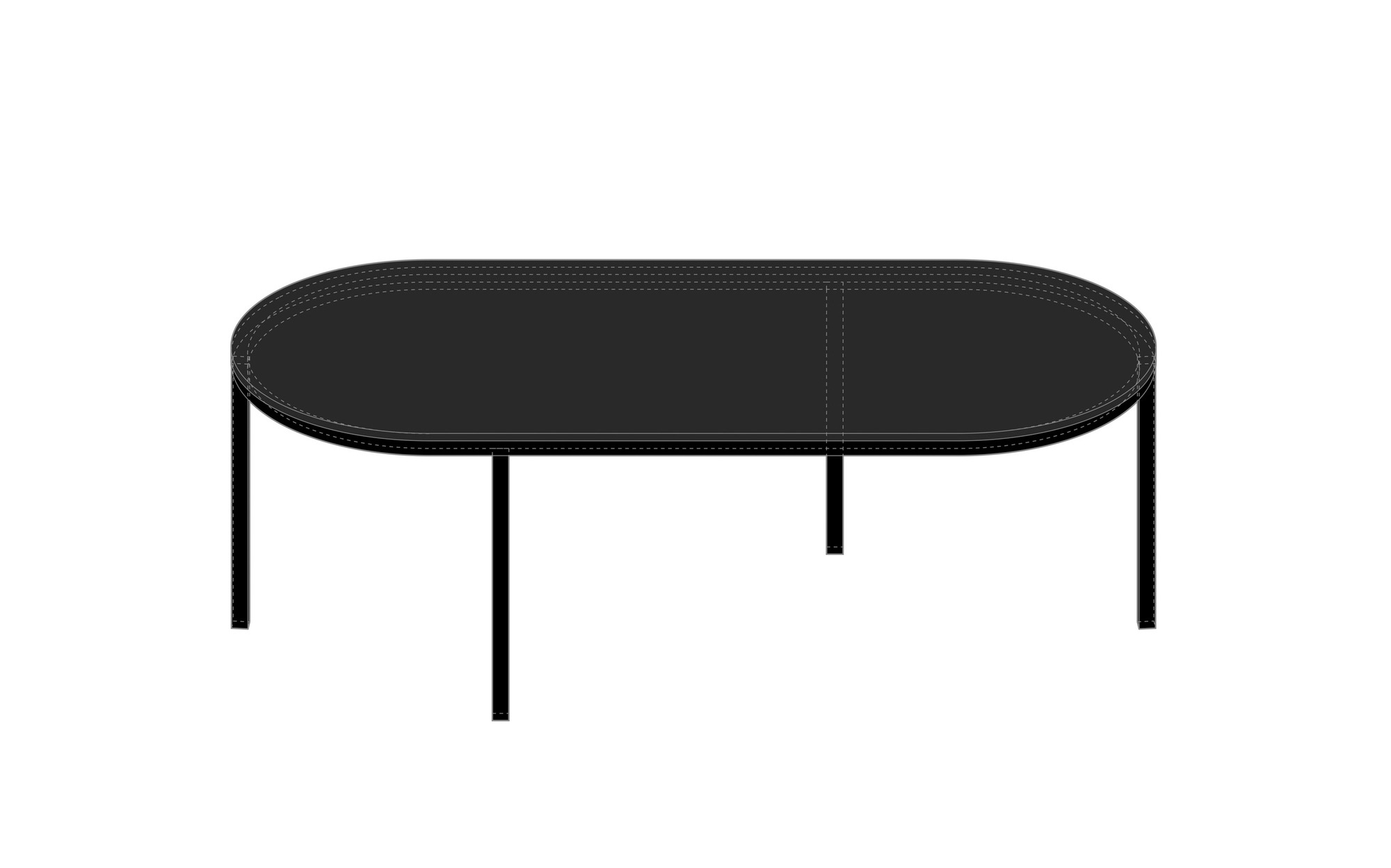 Elevation drawing of an oval-topped table with five slender legs against a white background