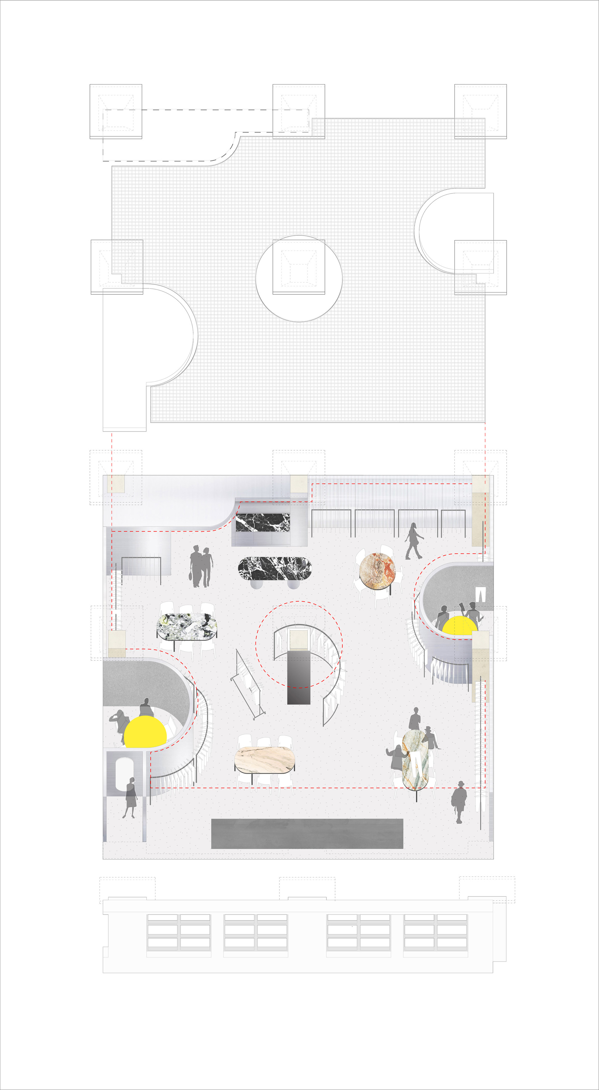 Plan and rendered plan drawings showing a public space with figures, curved seating, and yellow accent elements