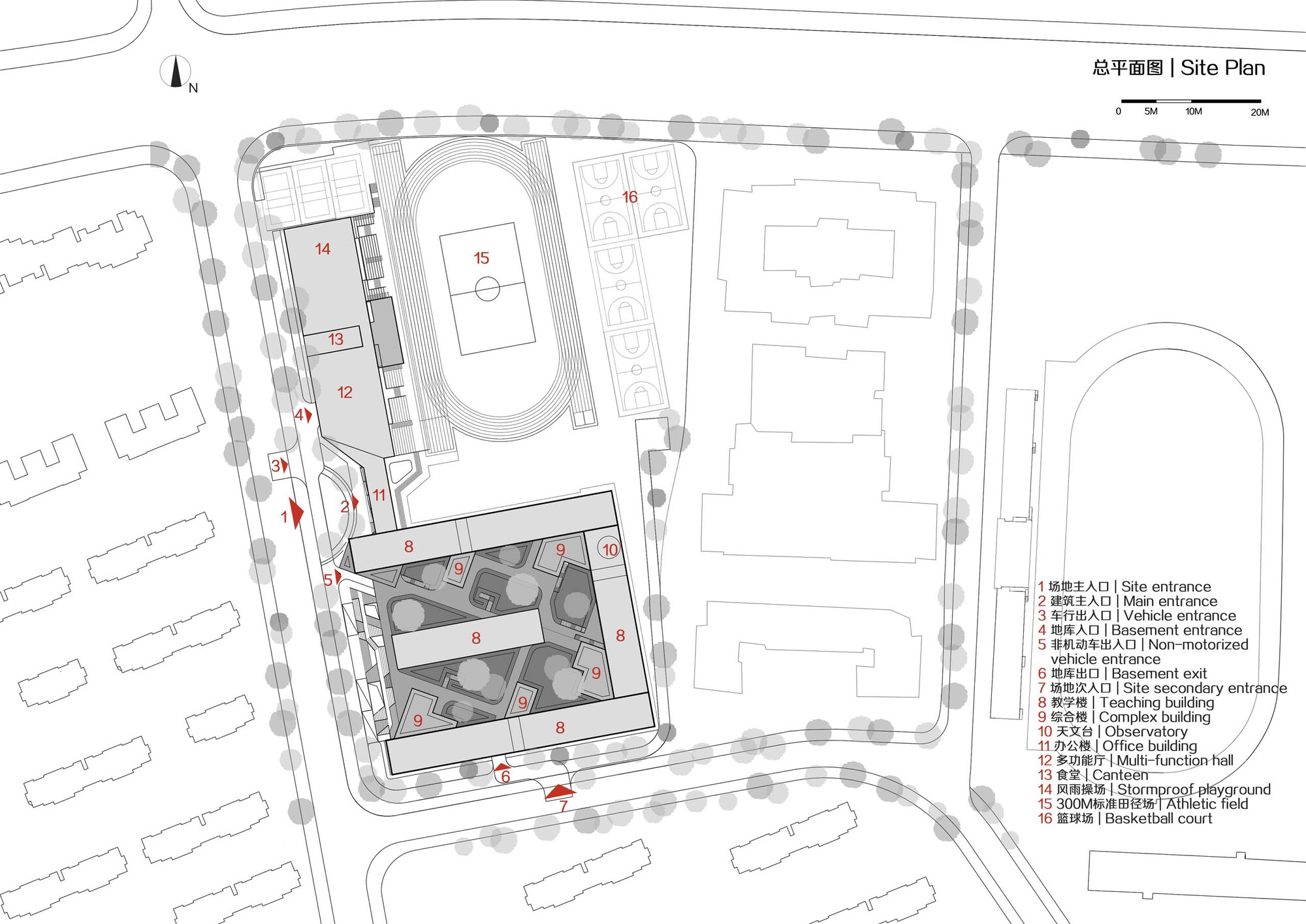 Site plan drawing depicting buildings arranged around sports courts and outdoor recreational areas