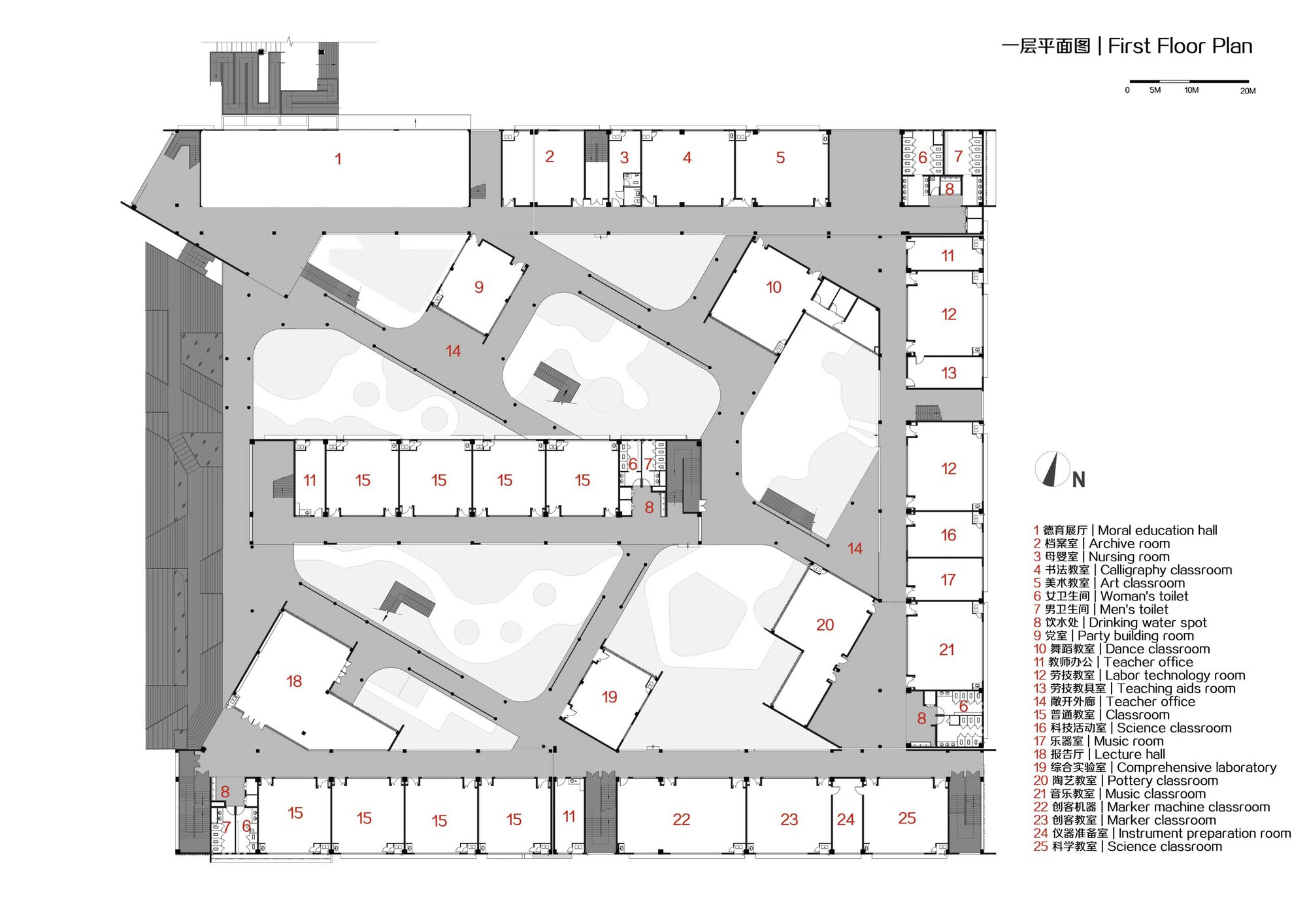 First floor plan showing classrooms arranged around angular interior courtyards and circulation paths