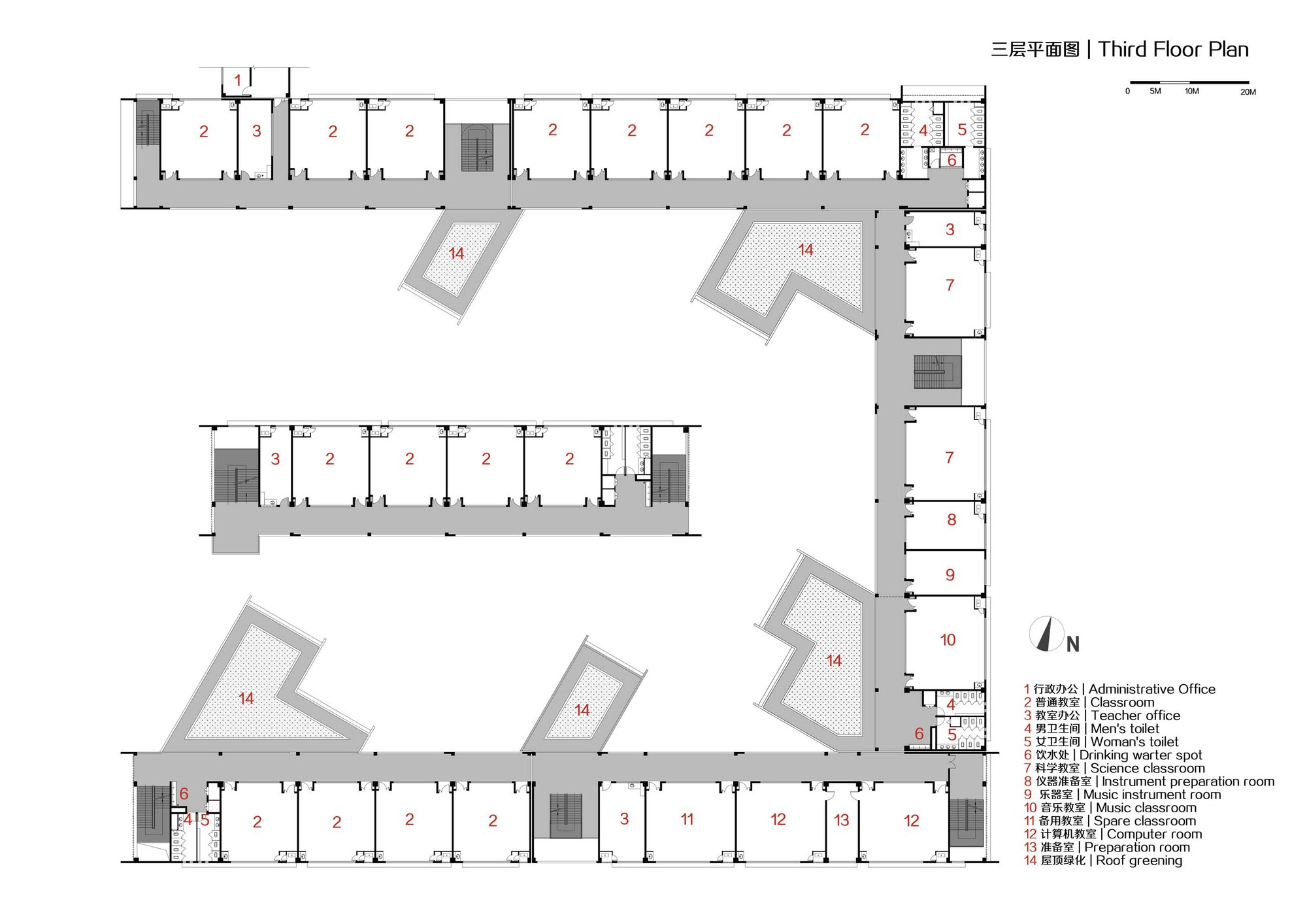 Third floor plan with repetitive classroom wings flanking angled rooftop terraces and open spaces