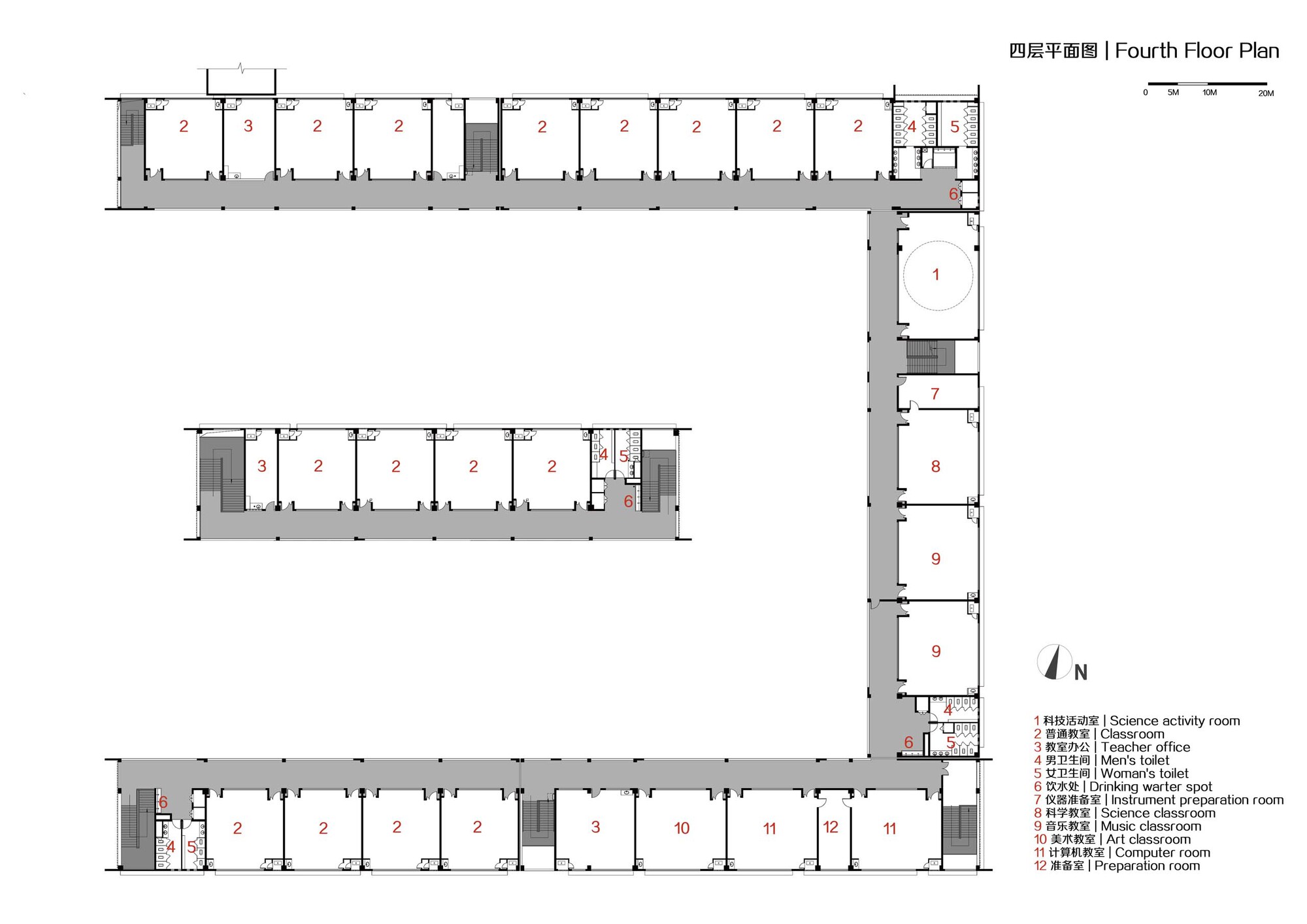 Fourth floor plan showing three linear wings of classrooms with central circulation cores