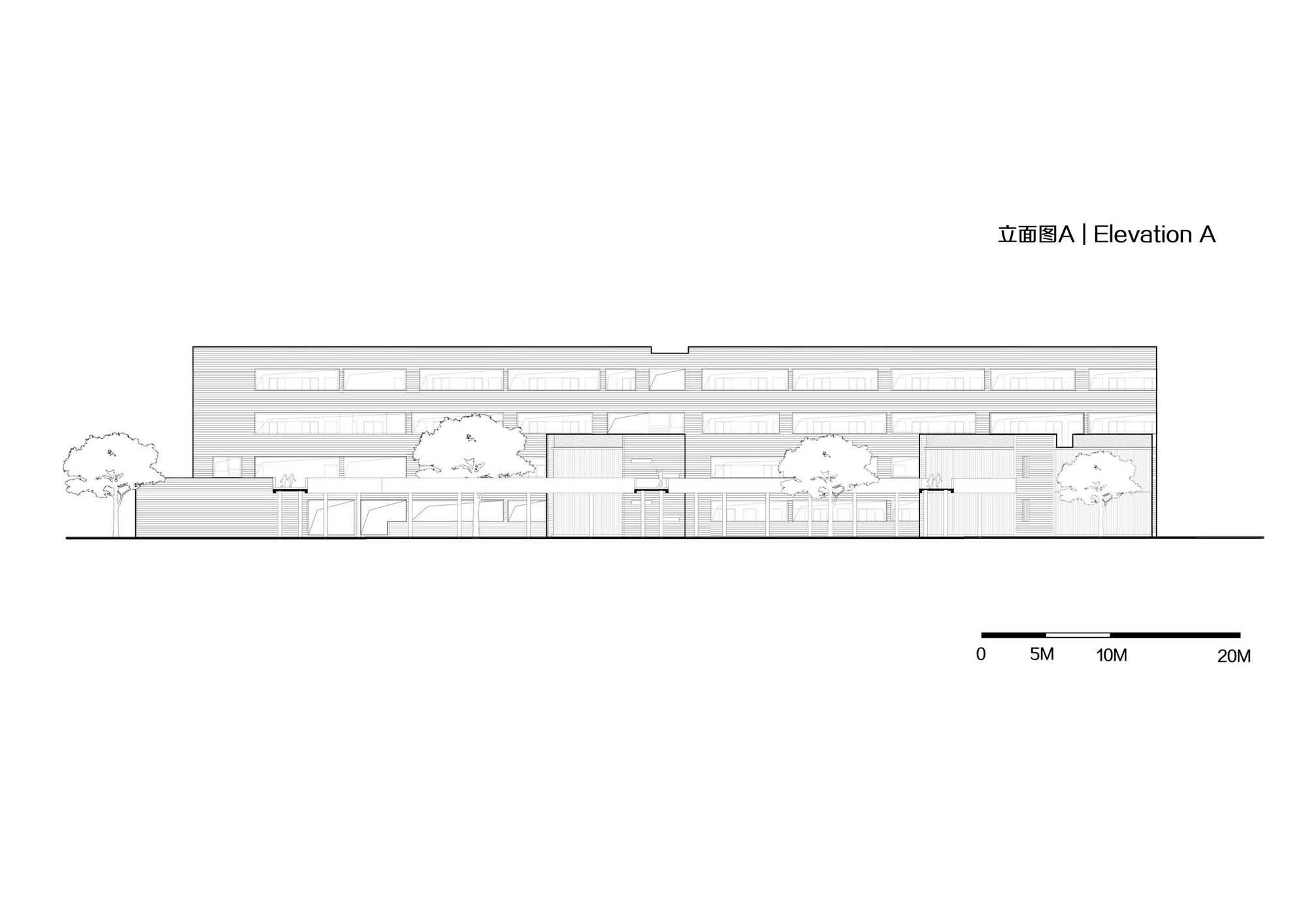 Elevation drawing showing a horizontal facade with recessed openings and landscaped trees at ground level