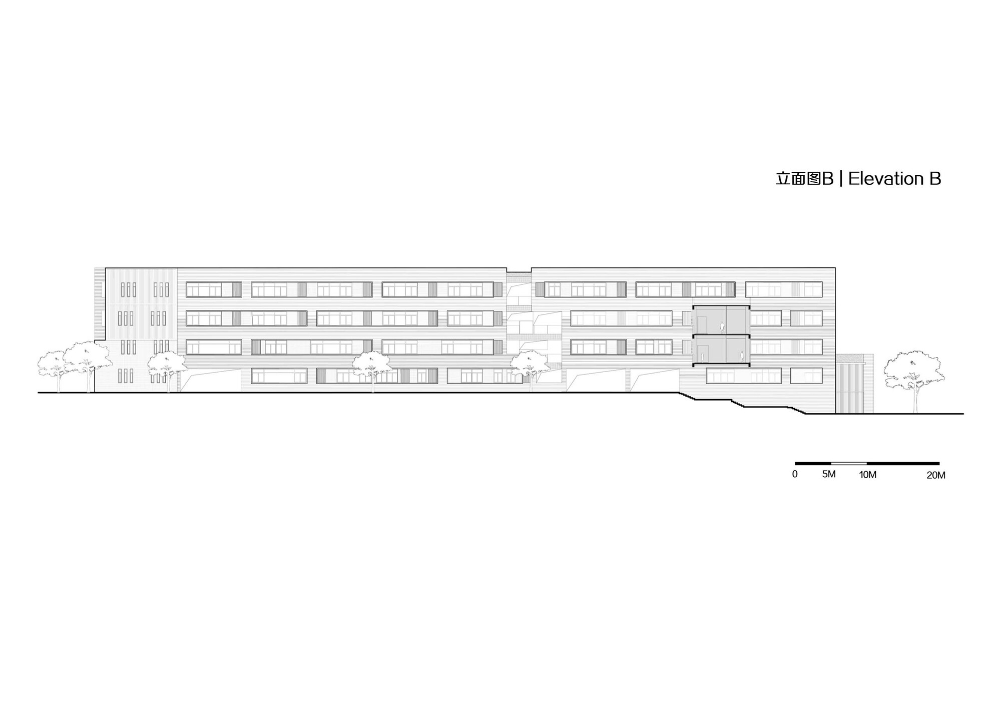 Elevation drawing depicting a terraced multi-story facade with horizontal bands of windows and flanking trees