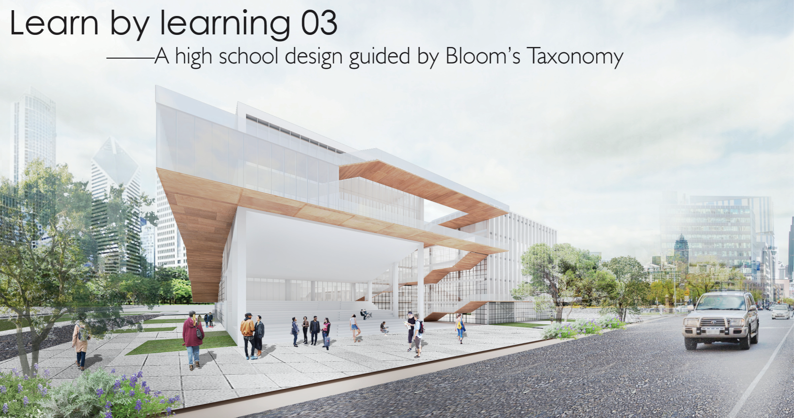 Ground-level view highlighting the elevated volume and stepped circulation, creating a porous threshold between the city and learning environment.