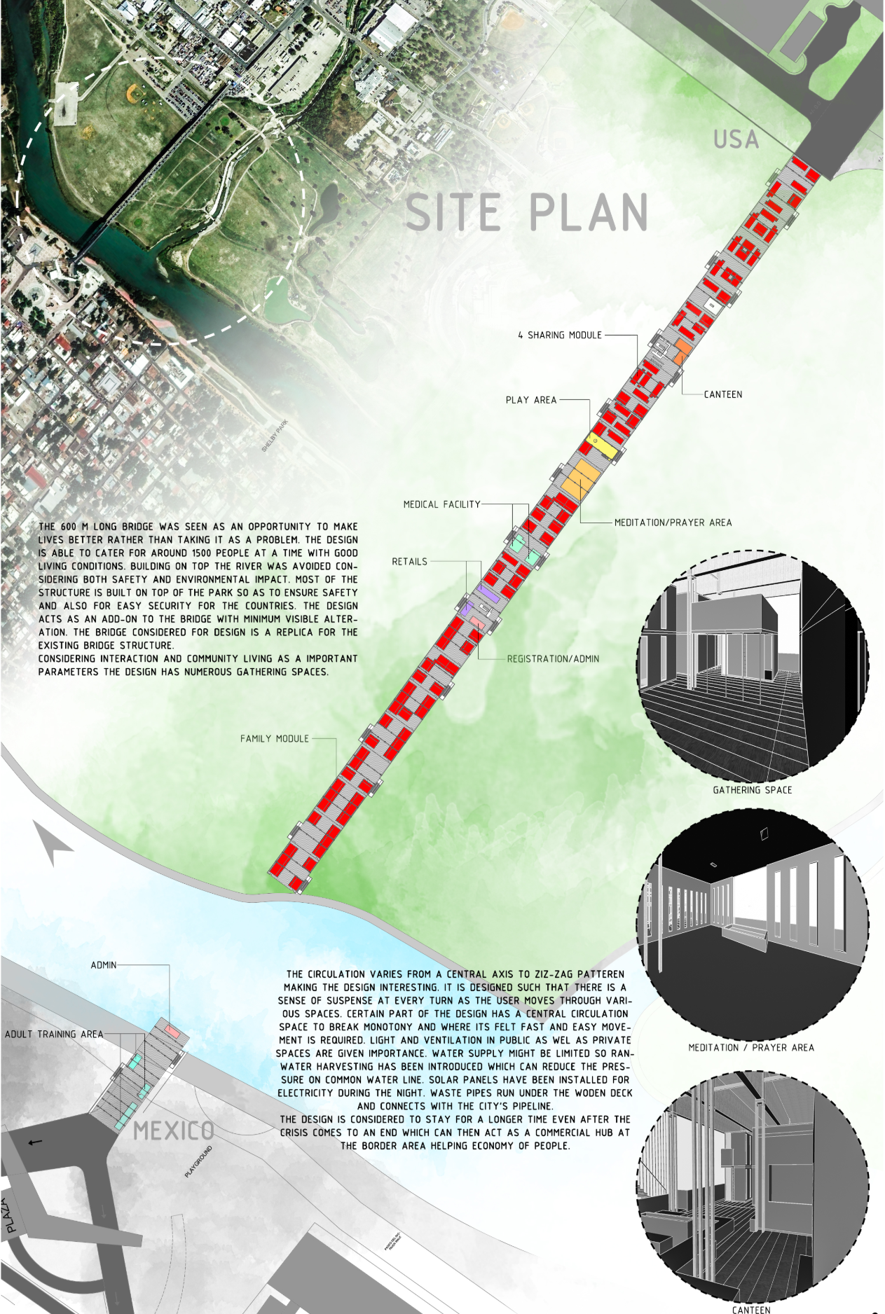 Site plan illustrating the linear refugee housing system integrated along the US–Mexico border bridge.