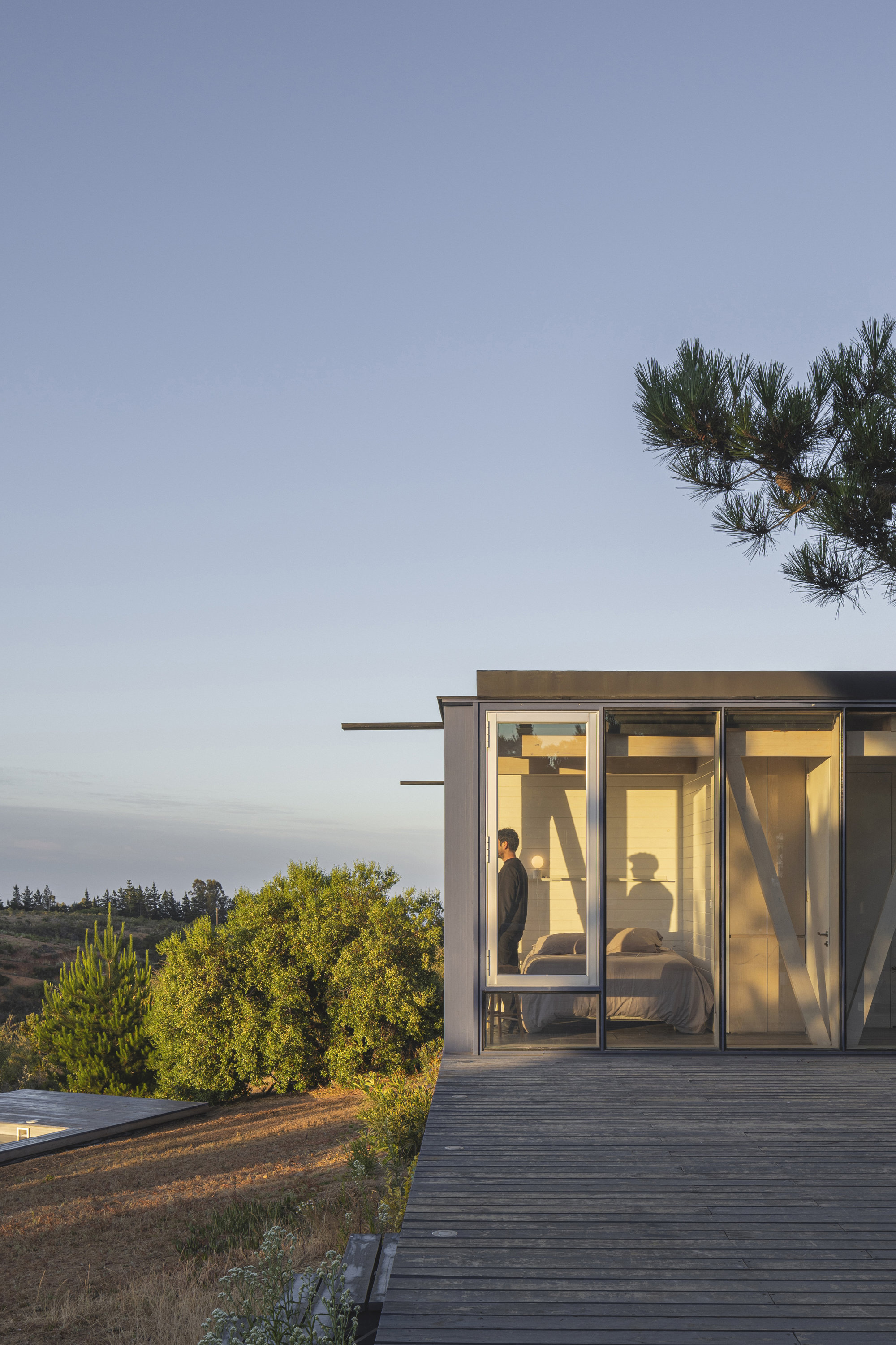 Exterior deck with glass walls revealing a bedroom volume under pine branches at dusk
