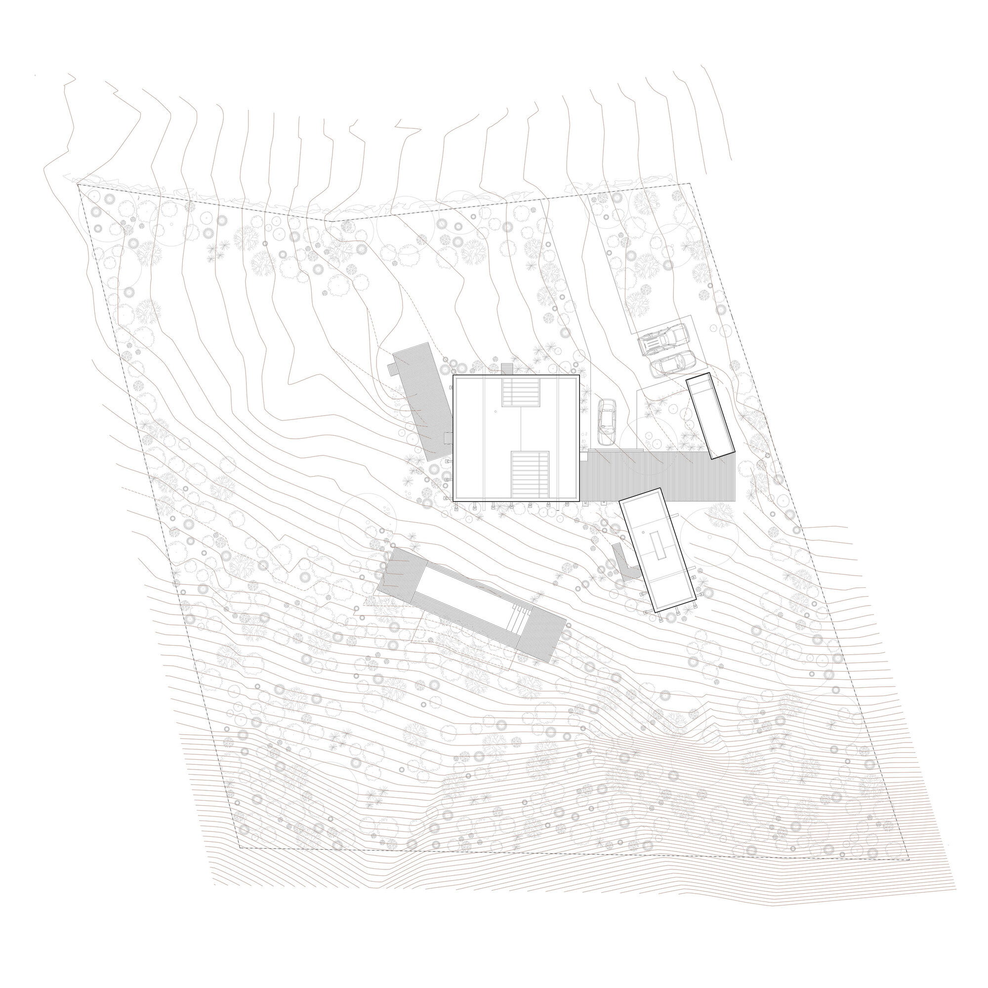Site plan drawing showing rectangular volumes positioned on sloping terrain with contour lines and vegetation