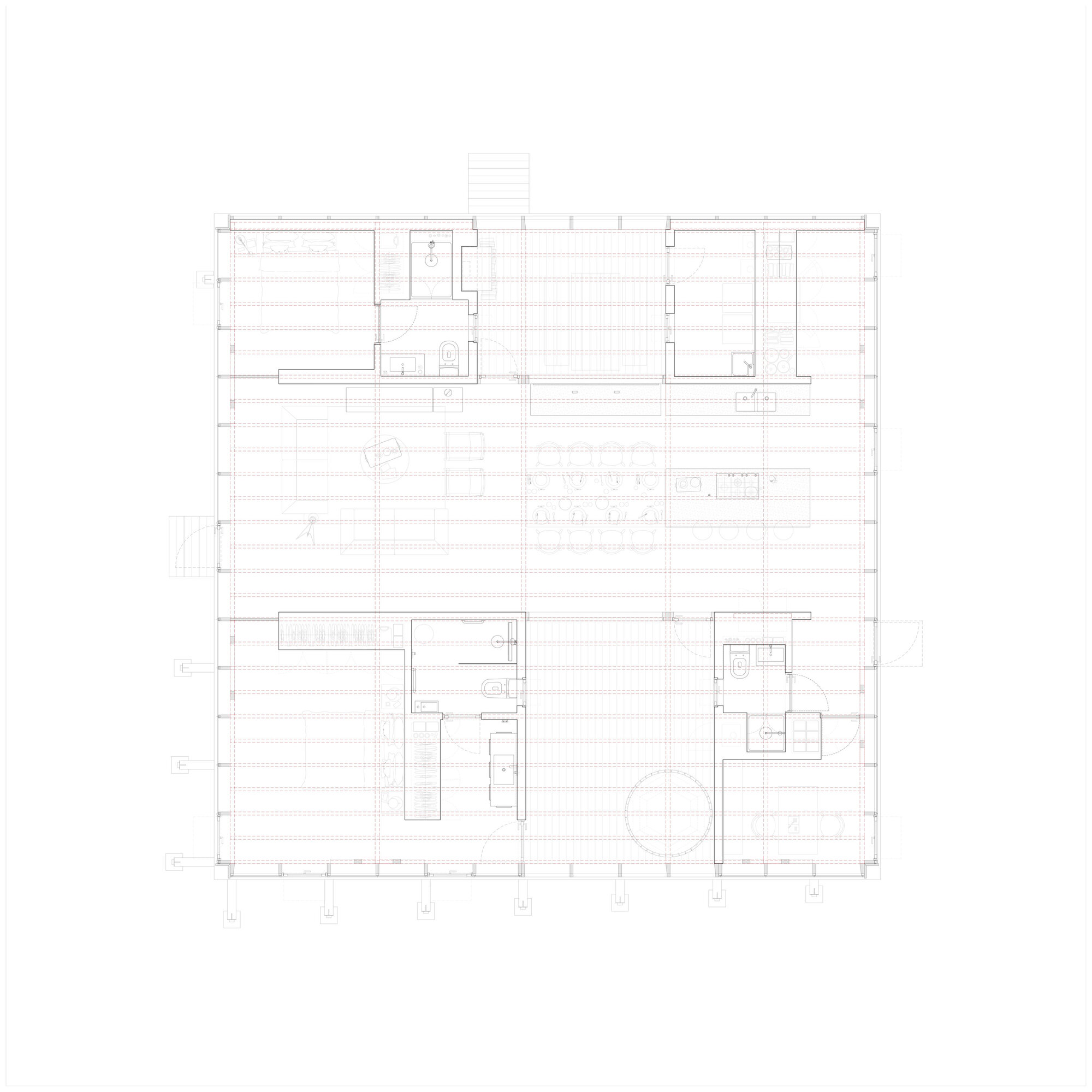 Floor plan drawing depicting a square layout with central corridor and rooms arranged around perimeter