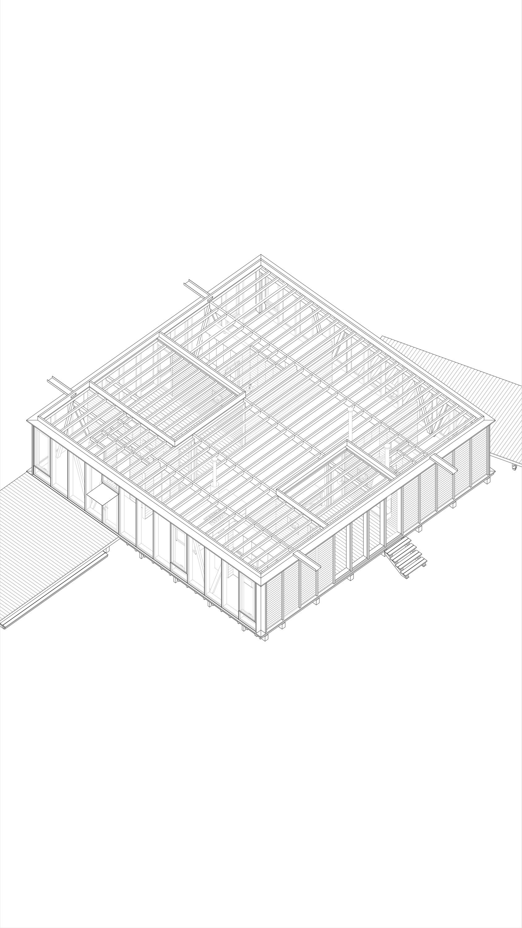 Axonometric drawing showing exposed timber roof structure with rafters and vertical perimeter walls