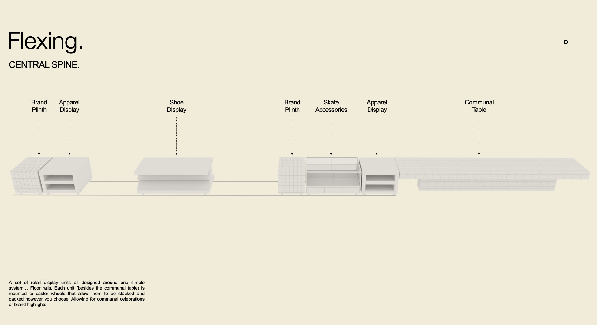 Section drawing showing the flexible retail system with display modules arranged along a spine