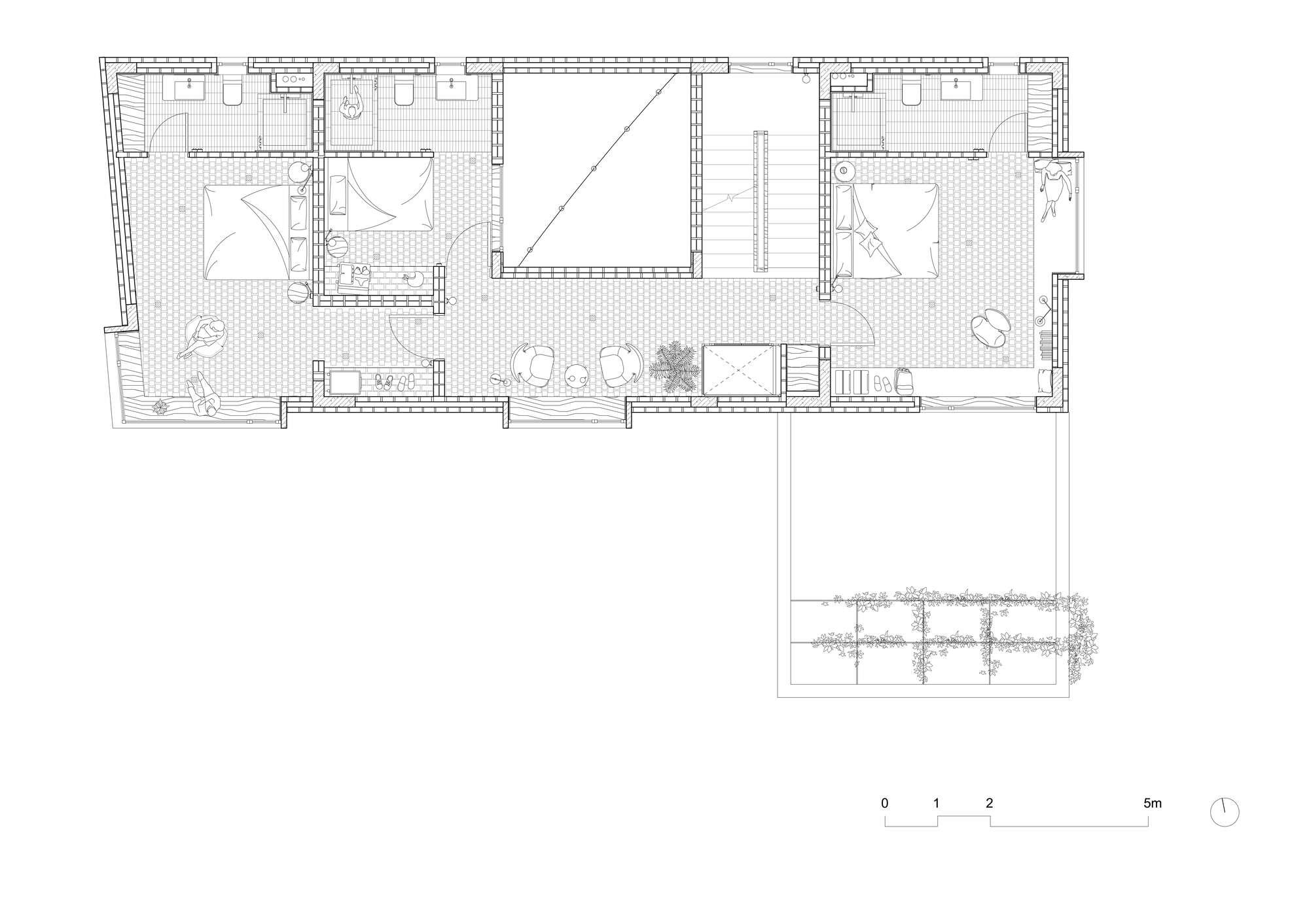 Floor plan drawing showing two bedrooms flanking a central void with terrace below