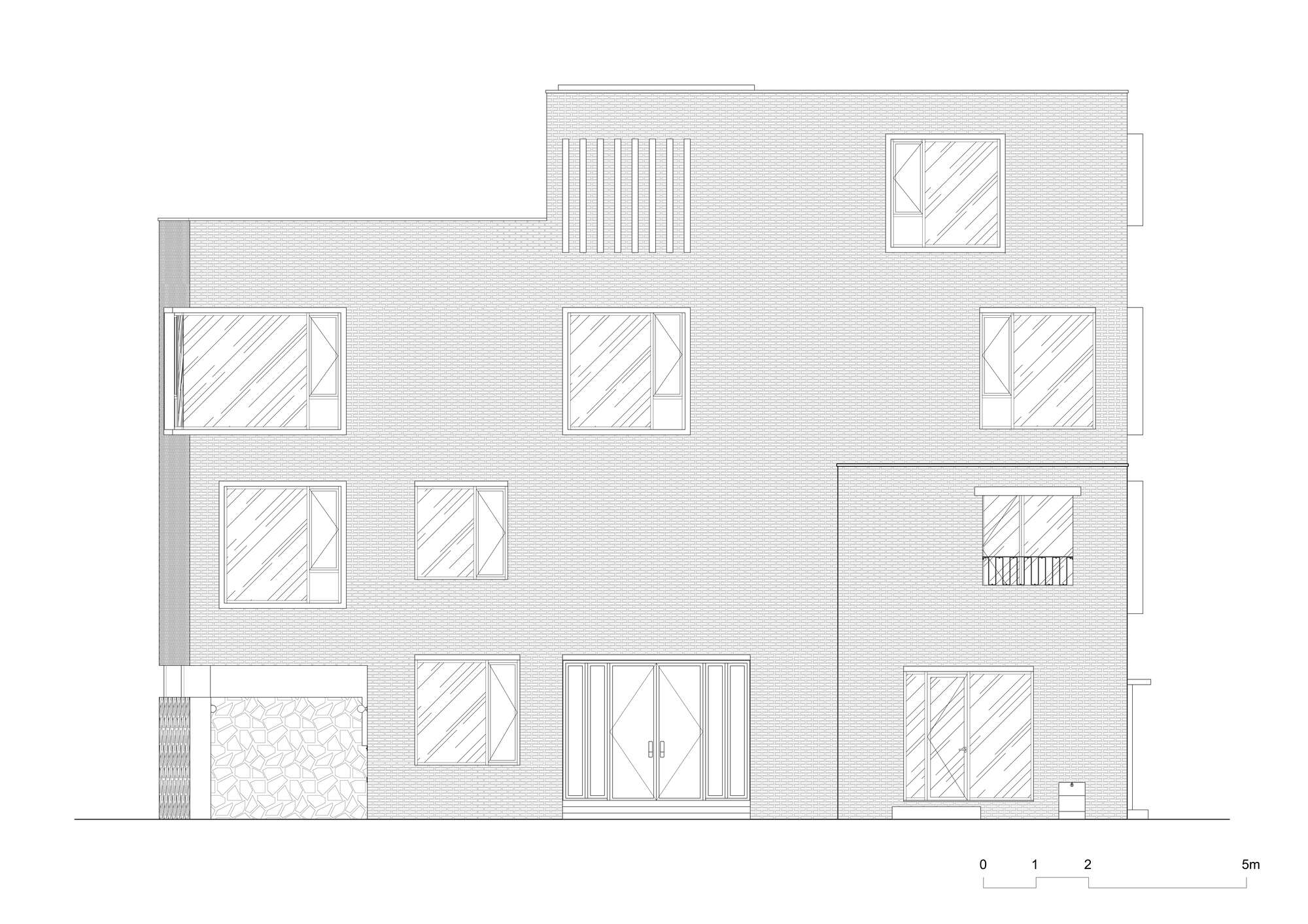 Elevation drawing depicting a facade with multiple window openings and a central double door