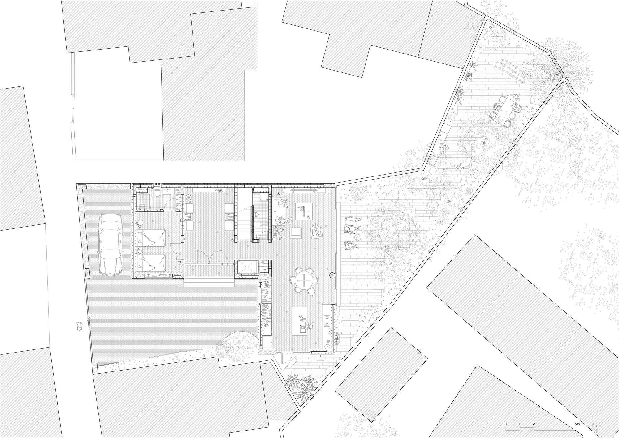 Site plan drawing showing ground floor layout with courtyard garden and surrounding structures