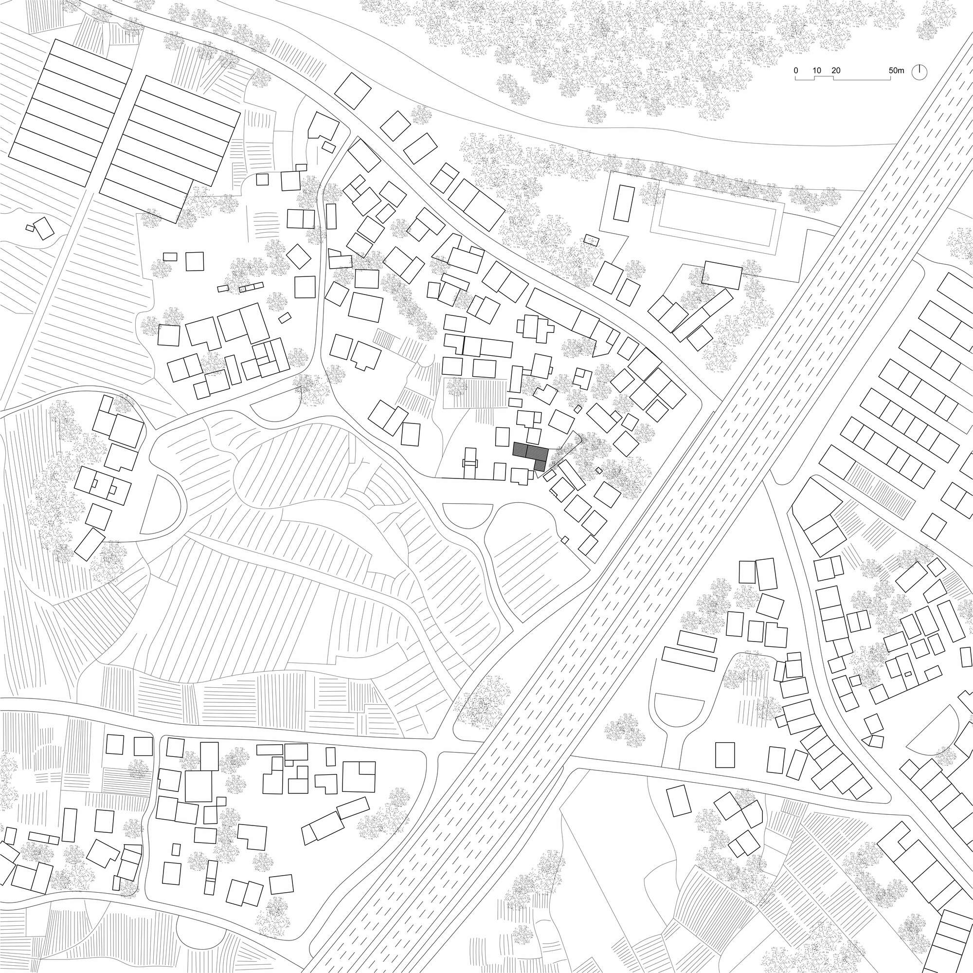Site plan drawing showing building footprints, streets, and tree canopies in a residential neighborhood