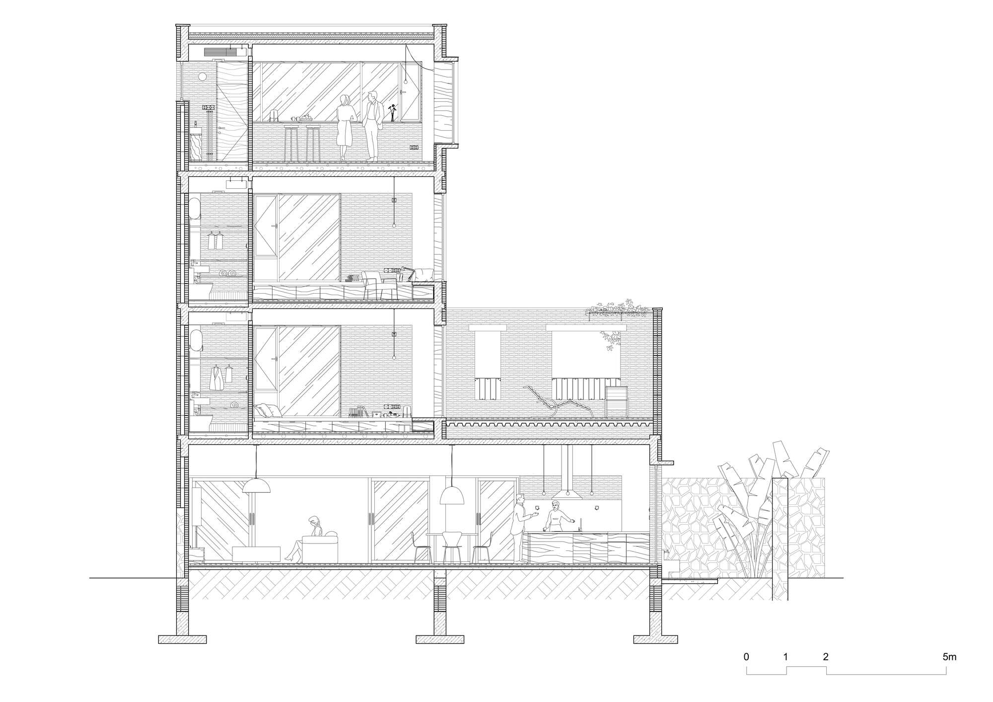 Section drawing showing four levels with interior spaces, courtyards, and human figures for scale