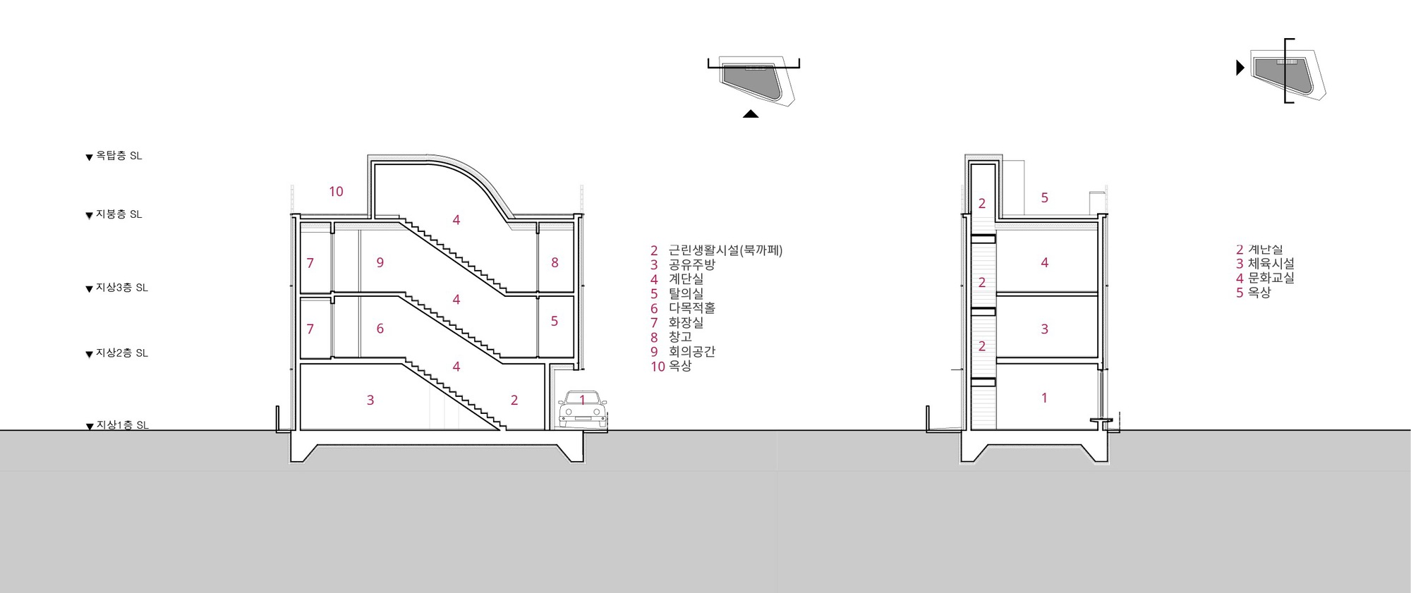 Section drawing illustrating the cascading floor plates and diagonal staircase connecting multiple levels