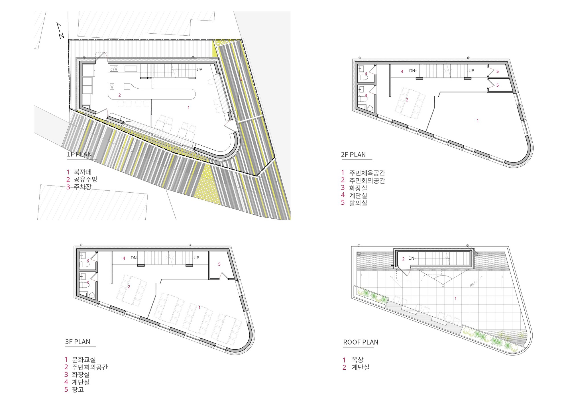Floor plan drawings showing the triangular footprint with angled parking spaces at ground level