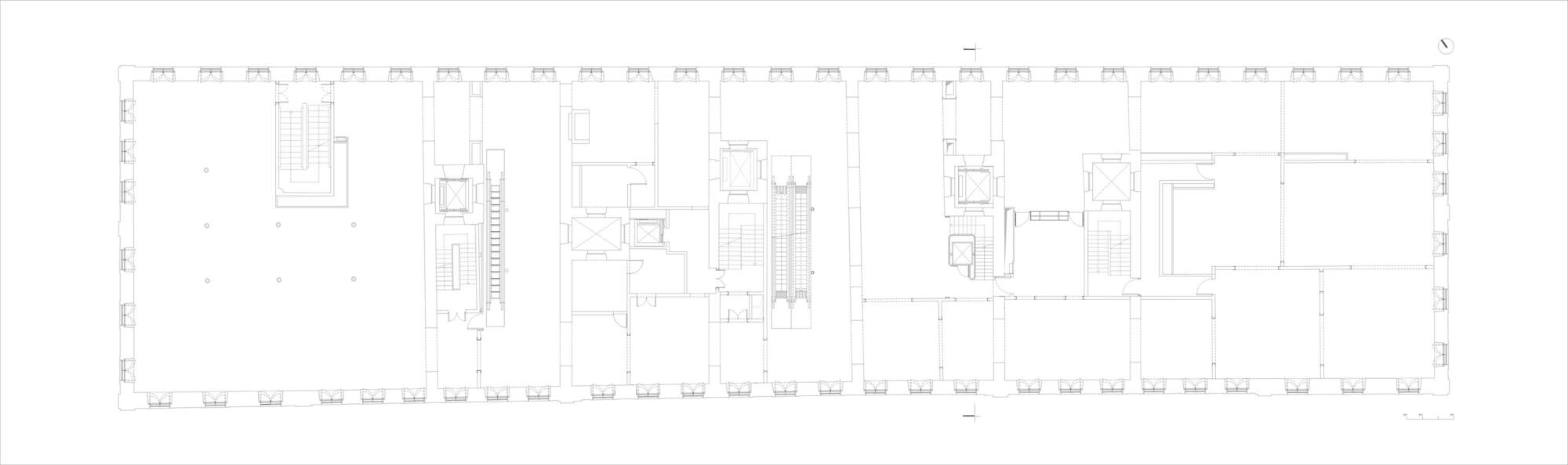 Floor plan drawing illustrating a linear arrangement with central core and repetitive structural bays