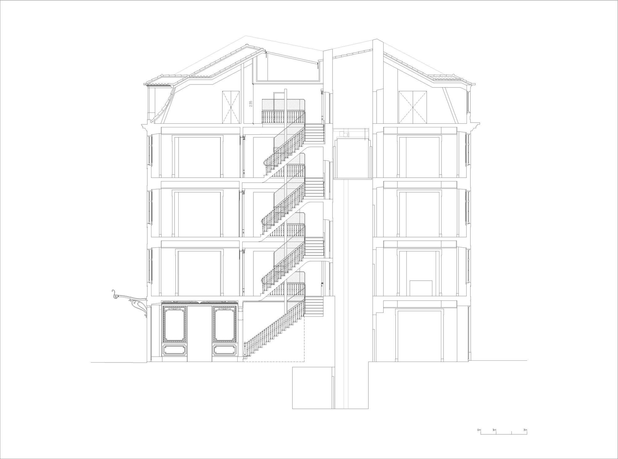 Section drawing showing multi-story interior with central staircase rising through four levels