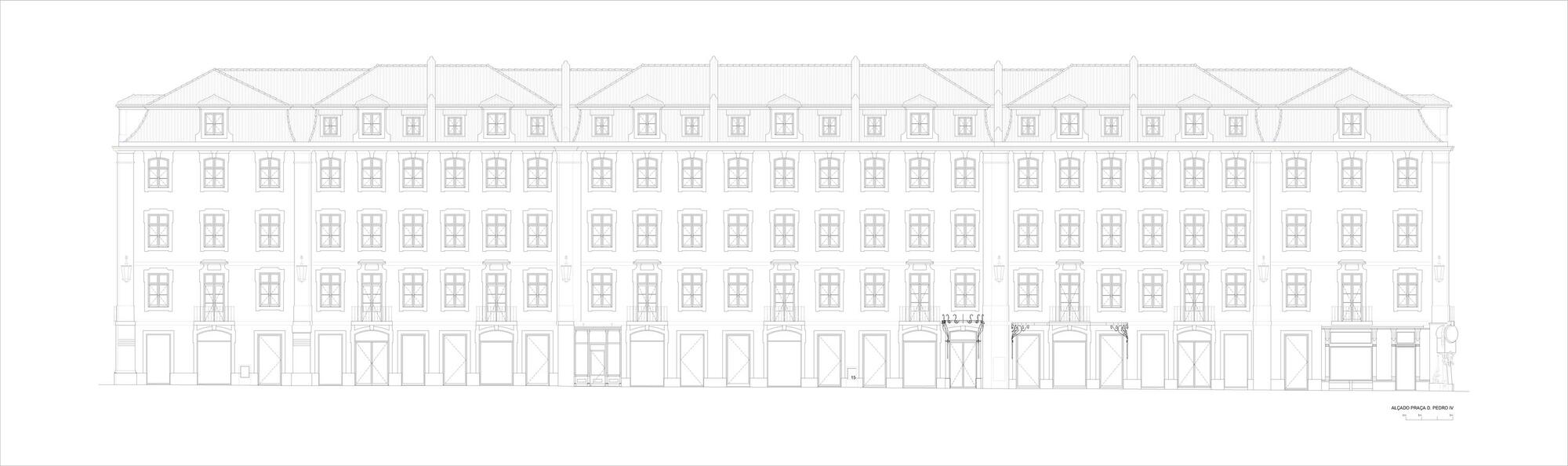 Elevation drawing of a multi-story facade with repeated window patterns and arched openings at ground level