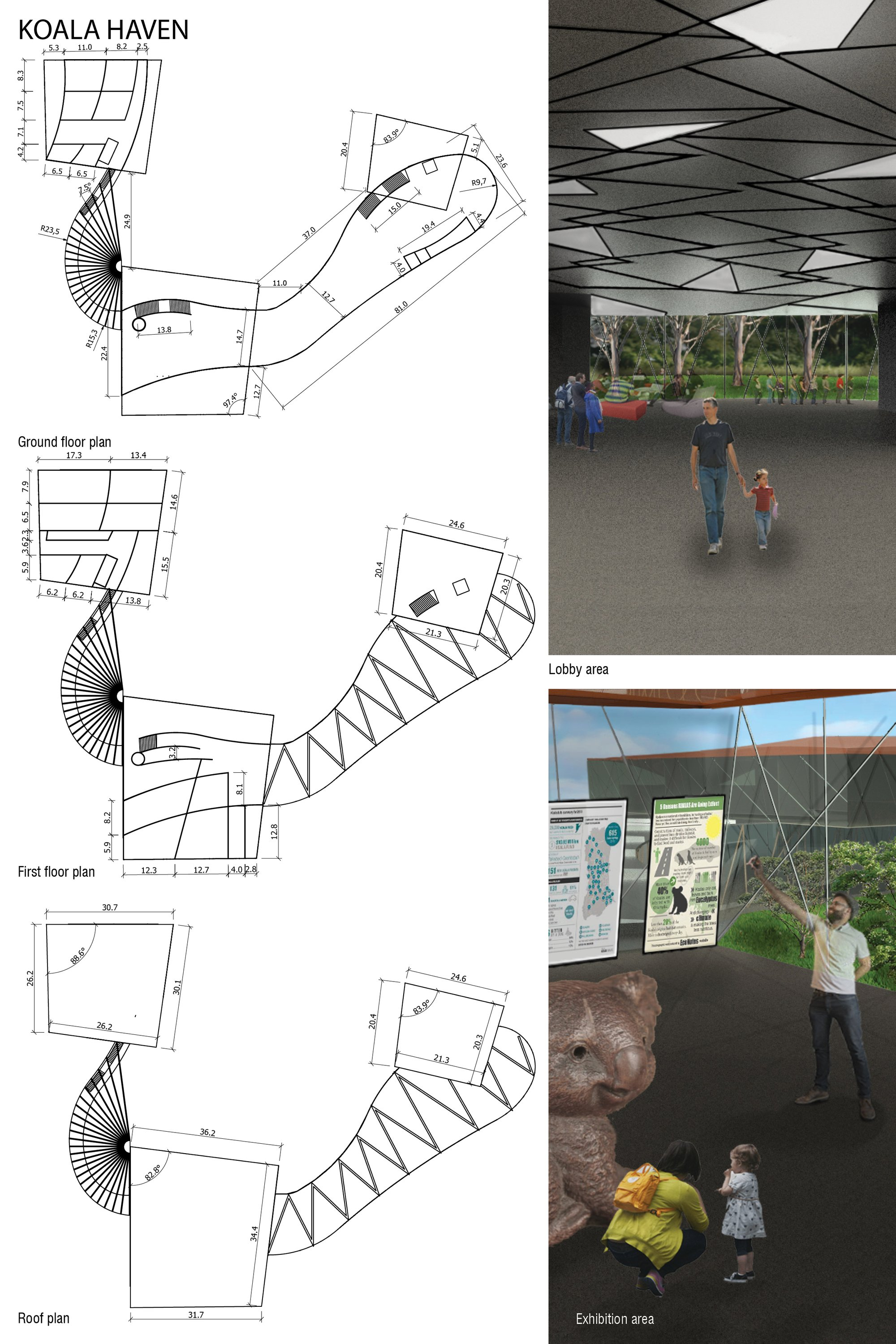 Organic circulation plan integrating three functional volumes into a continuous architectural flow