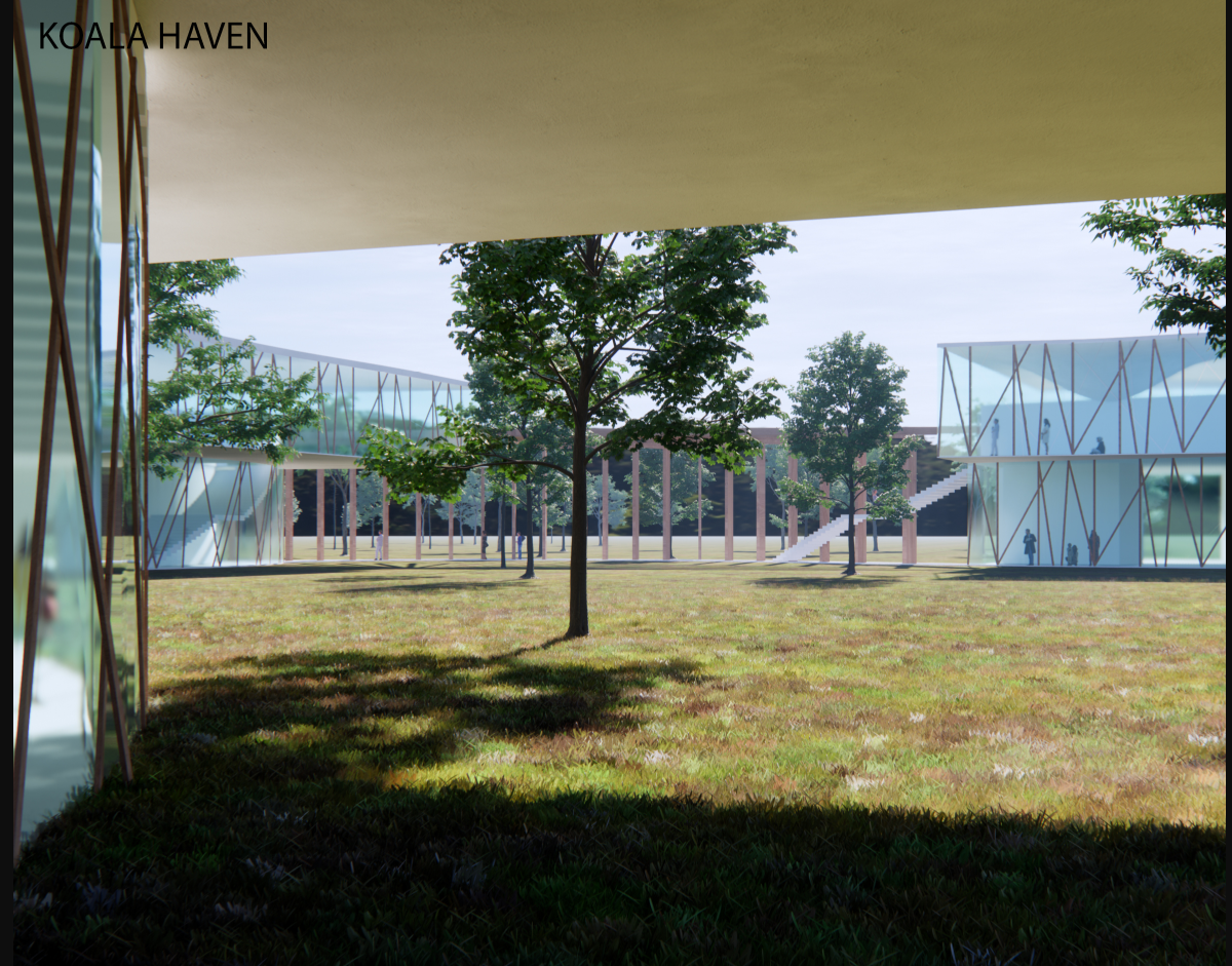 Open courtyard framing transparency between built form and natural landscape