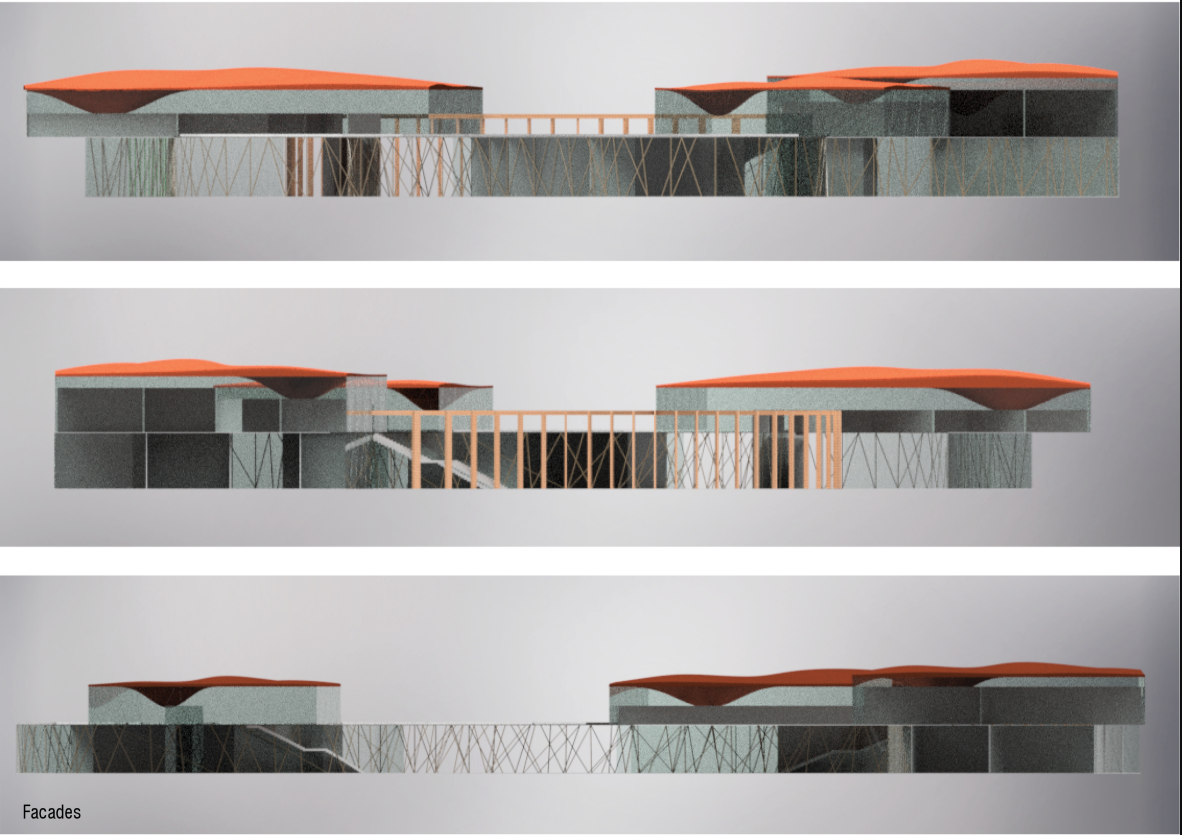 Facade elevations showcasing fluid roof geometry and triangulated glazing system