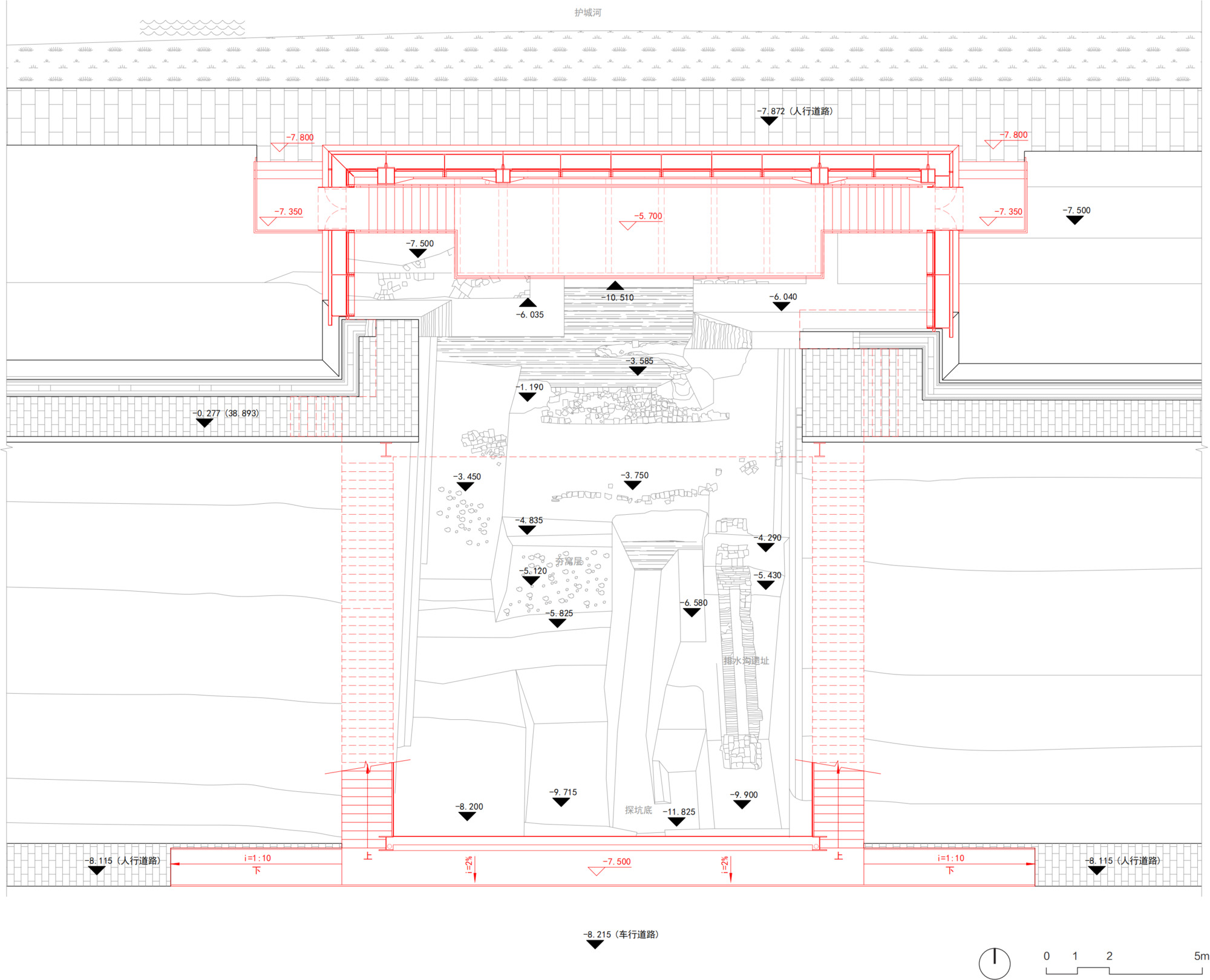 Floor plan drawing showing the enclosed gallery space with interior courtyards and landscaped areas in the lower half
