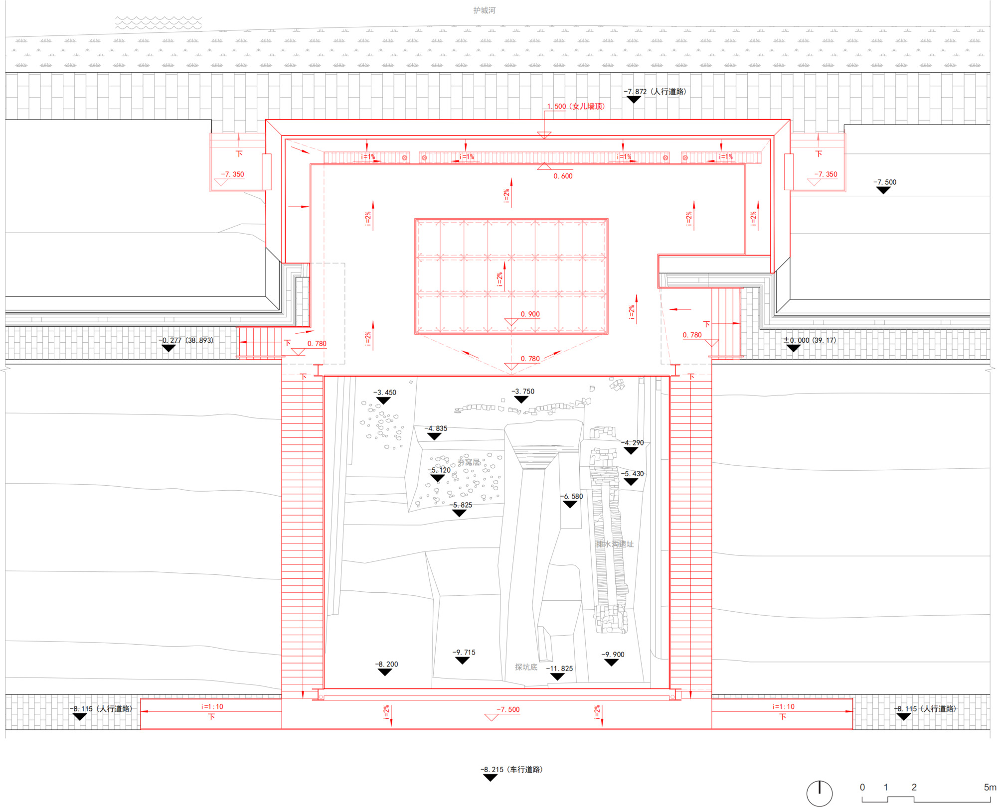 Floor plan drawing showing the upper level gallery space with grid column layout above the courtyard gardens below