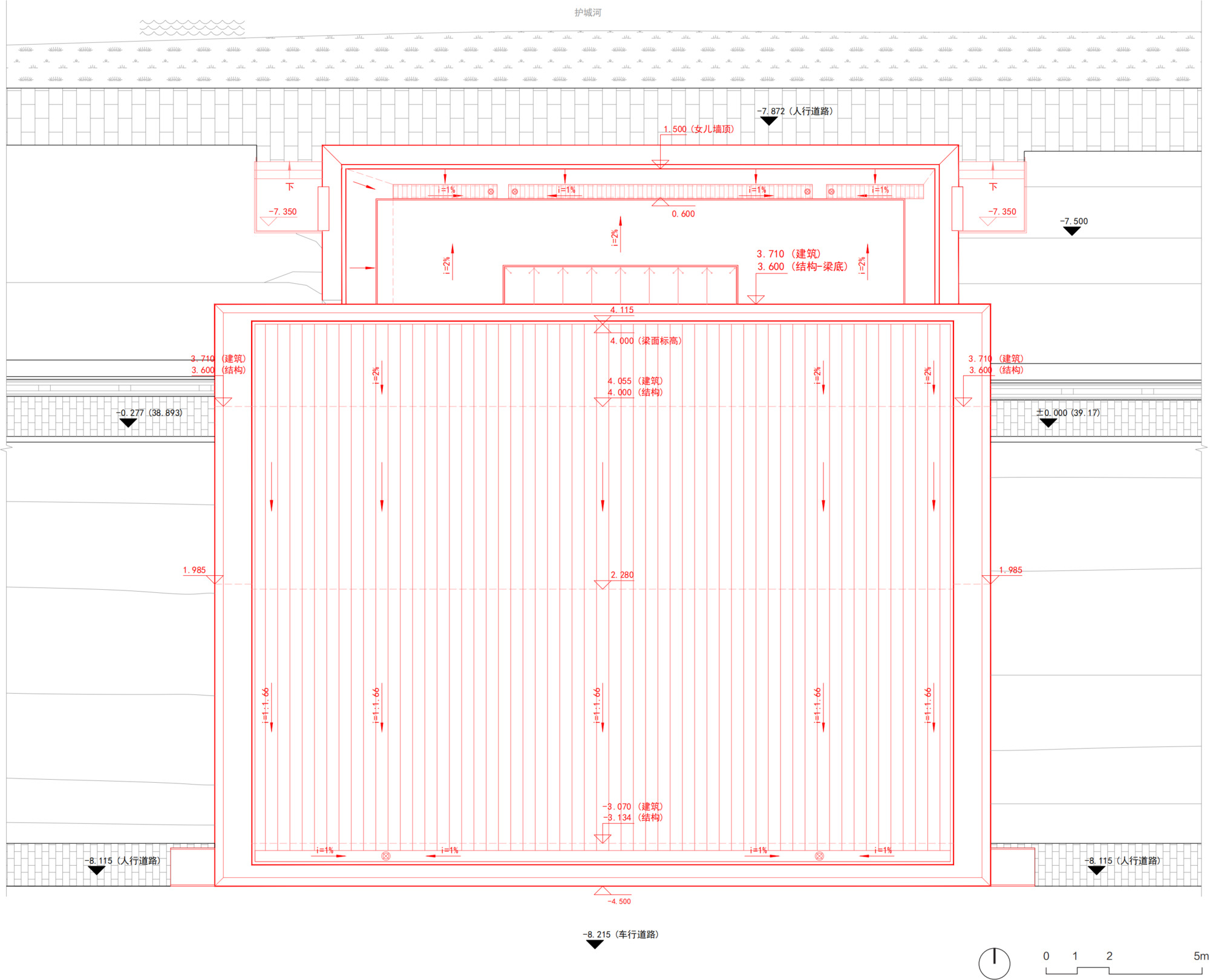 Floor plan drawing showing a large rectangular hall with linear structural elements and smaller service volumes