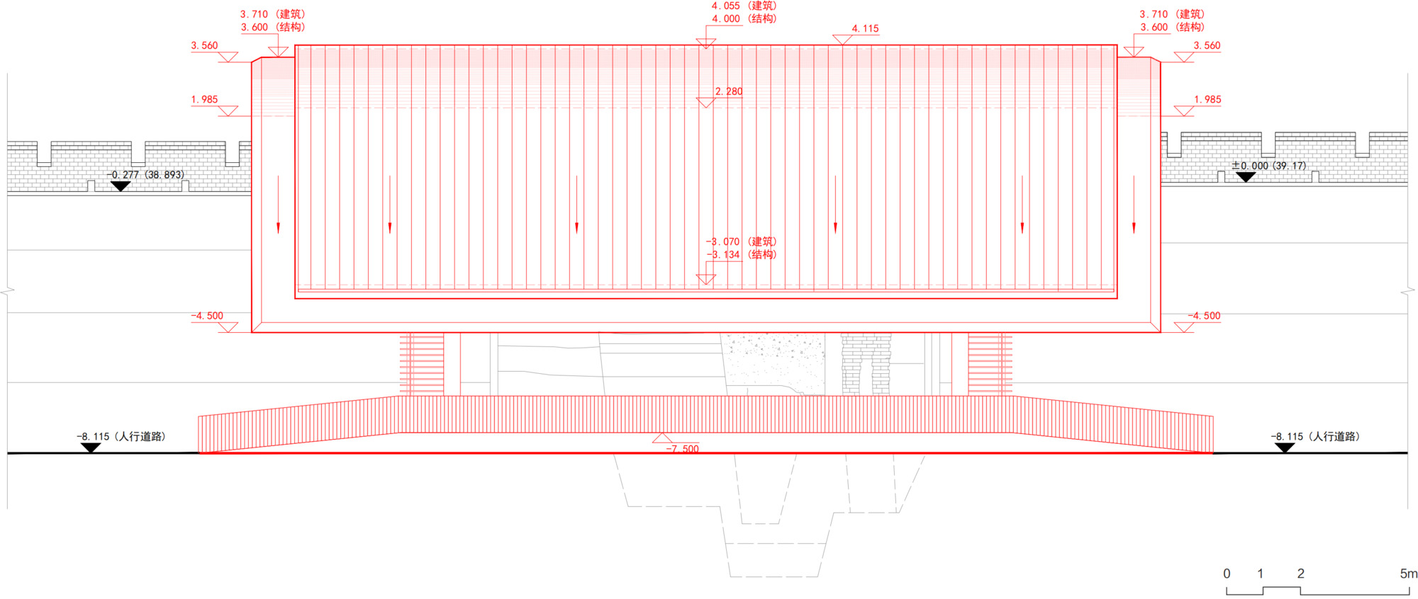 Elevation drawing showing the raised rectangular volume supported on a sloped base with central entry