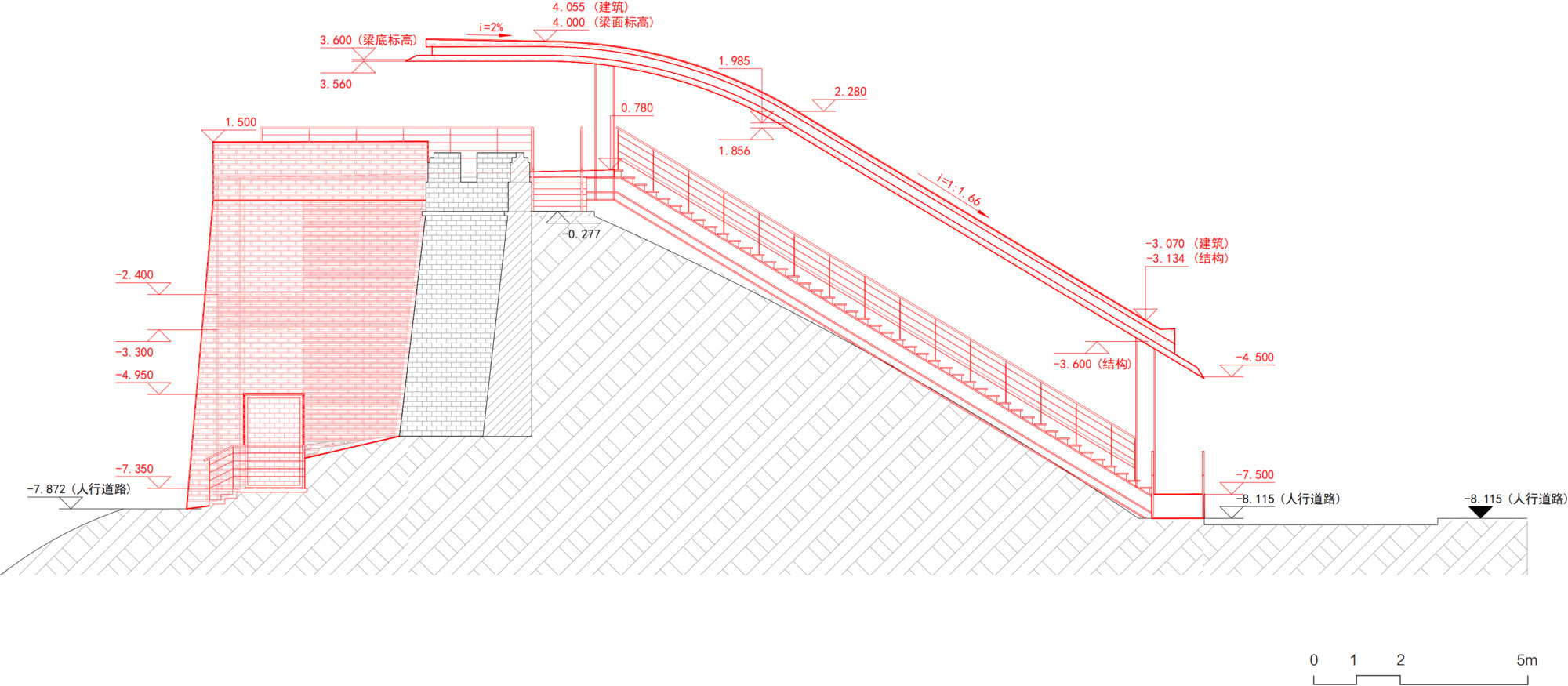 Section drawing showing the sloped approach ramp with railings connecting to the elevated building platform