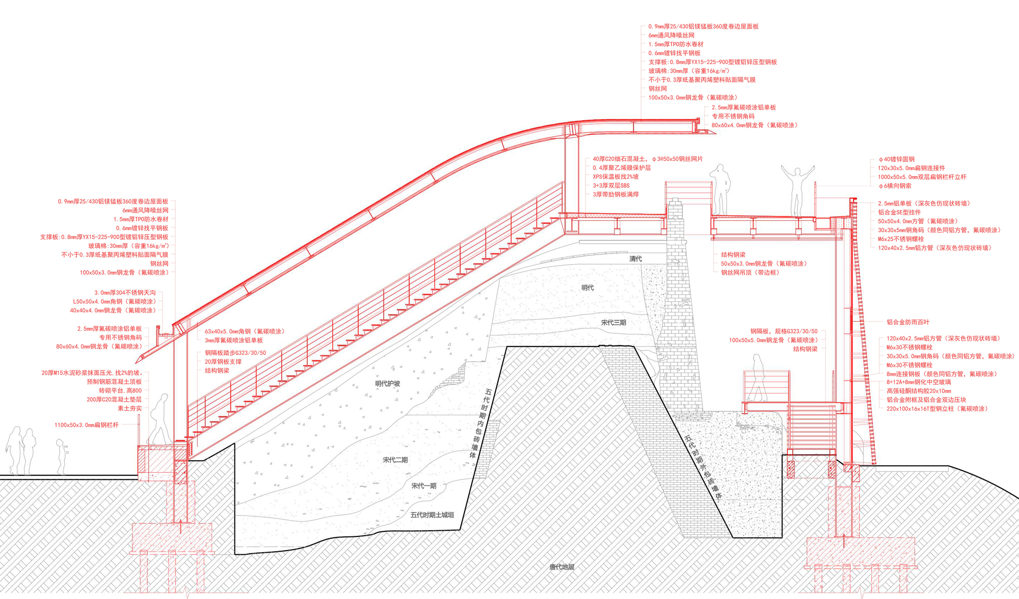 Detailed section drawing with annotations showing the multilevel interior spaces carved into the terrain